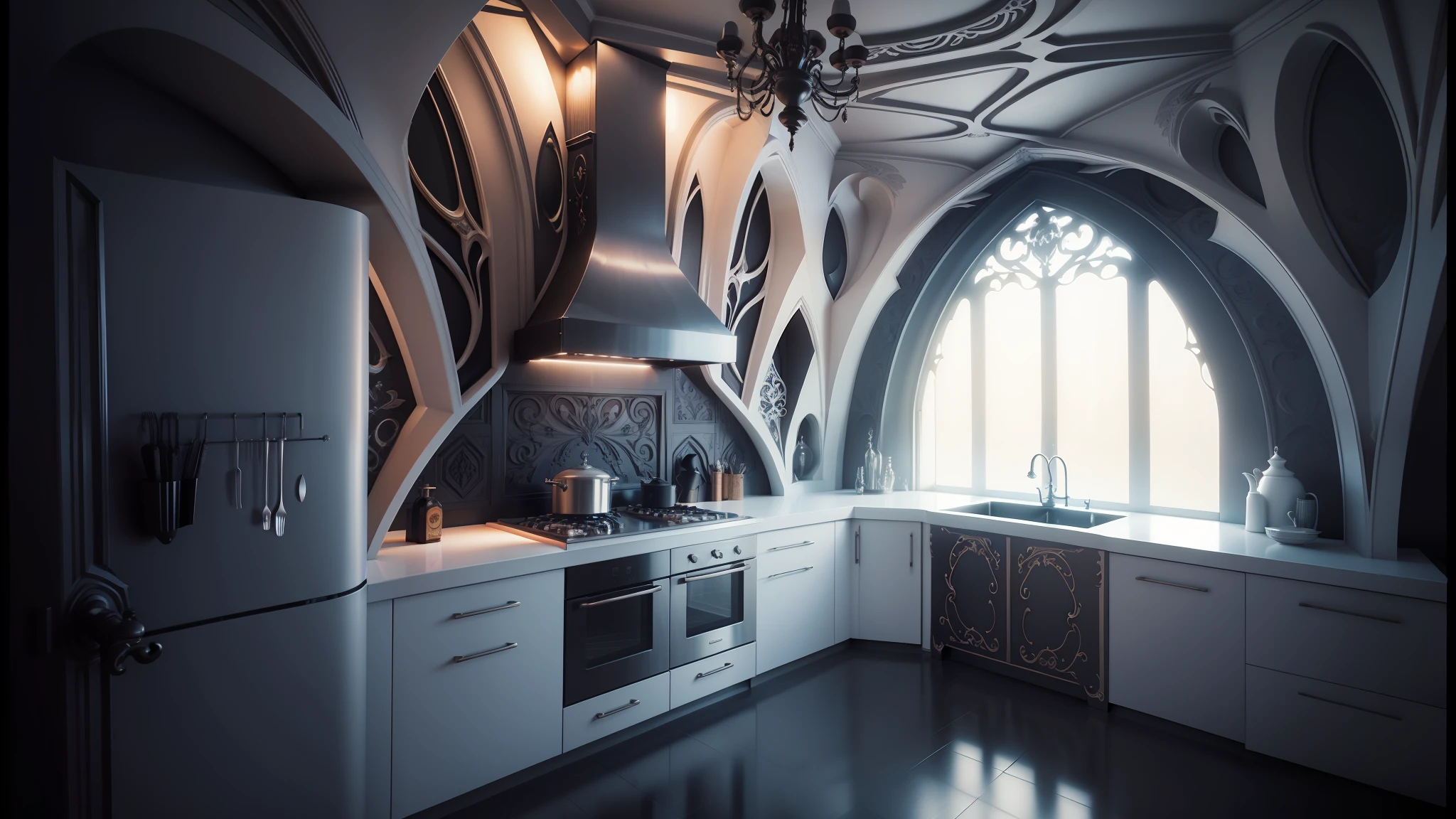 there is a kitchen with a large window and a sink, gothic mansion room, polish mansion kitchen, art nouveau 3d curves and swirls, gothic and futuristic, inspiring gothic architecture, elven architecture, gothic architecture, gothic-futurist architecture, neo-gothic concept, gothic interior, futuristic decor, 3d architecture, gothic mansion, futuristic interior, gothic lighting --auto --s2