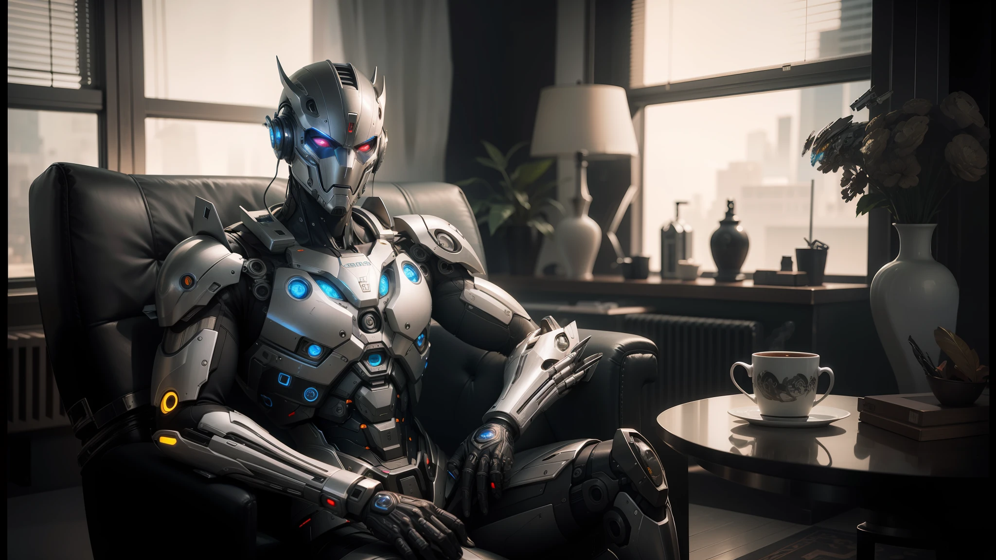 araffe male robot with mask over face sitting in chair with cup of coffee, cgsociety ), cgsociety 9, movie still of a cyborg, photo of alita, high definition cgsociety, still of movie of cyborg villain, cgsociety uhd 4k highly detailed, still shot of a cyborg movie, still movie of a cool, cybernetic, highly detailed cyborg --auto --s2