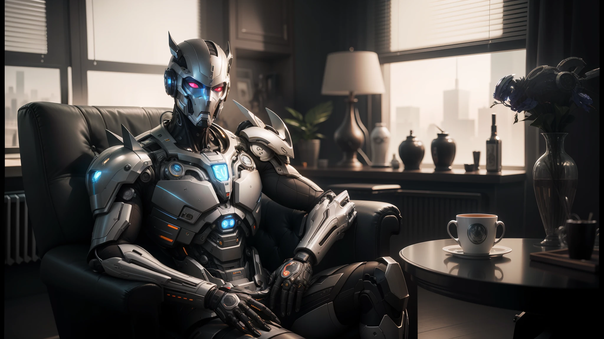 araffe male robot with mask over face sitting in chair with cup of coffee, cgsociety ), cgsociety 9, movie still of a cyborg, photo of alita, high definition cgsociety, still of movie of cyborg villain, cgsociety uhd 4k highly detailed, still shot of a cyborg movie, still movie of a cool, cybernetic, highly detailed cyborg --auto --s2