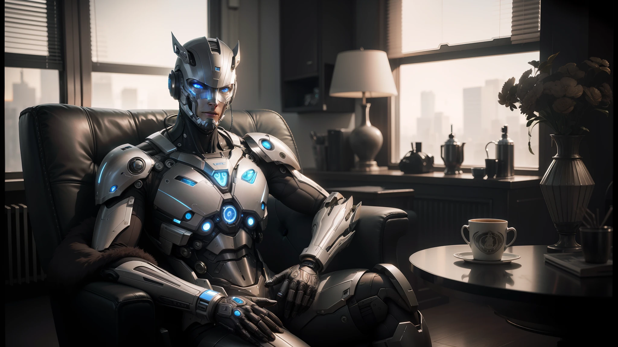 araffe male robot with mask over face sitting in chair with cup of coffee, cgsociety ), cgsociety 9, movie still of a cyborg, photo of alita, high definition cgsociety, still of movie of cyborg villain, cgsociety uhd 4k highly detailed, still shot of a cyborg movie, still movie of a cool, cybernetic, highly detailed cyborg --auto --s2