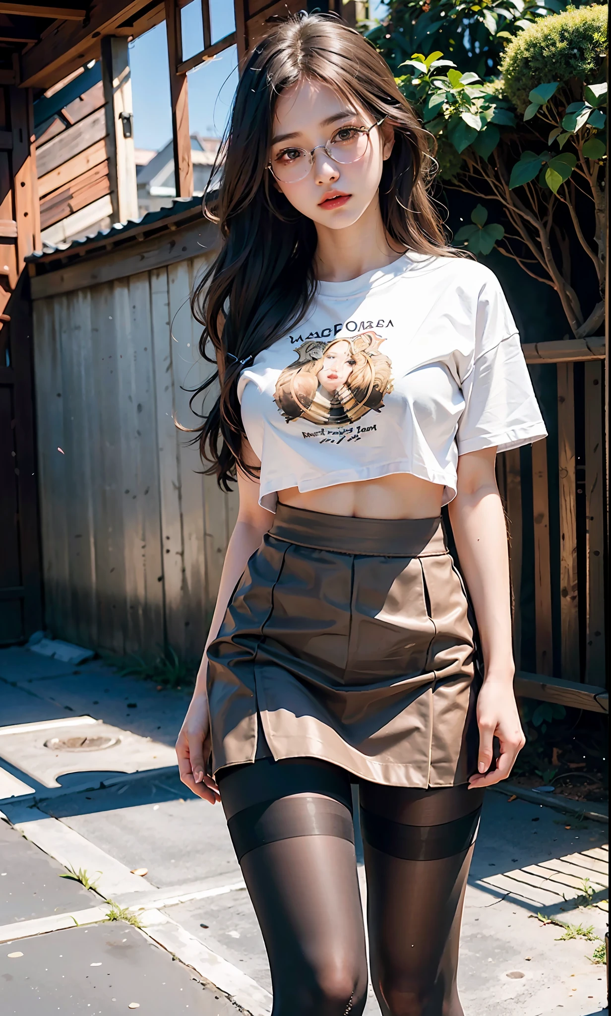 ulzzang-6500-v1.1,(raw photo:1.2), (photorealistic:1.4), beautiful detailed girl, very detailed eyes and face, beautiful detailed eyes, ridiculous, incredibly ridiculous, huge file size, super detailed, high resolution, very detailed, best quality, masterpiece, ((t-shirt)), illustration, very detailed, CG, unified, 8k wallpaper, amazing, fine details, masterpiece, Best quality, very detailed CG unified 8k wallpaper, face light, movie lighting, 1girl, 16 years old, long white hair, side split, (big breasts), (no panties)), (with glasses), (dynamic pose), (sexy pose), ((camel toe))), (half), ((pantyhose)), ((black hip skirt)), (bent knees)))))