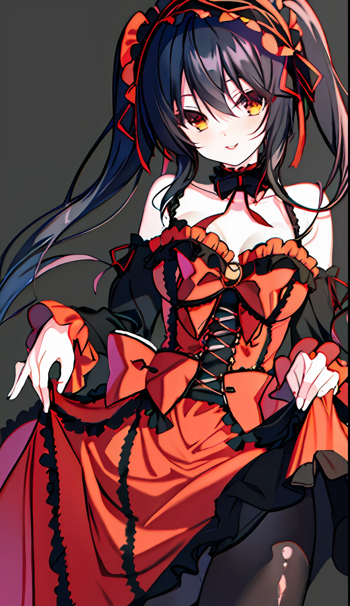 18 year old beautiful girl, masterpiece, top quality, 8K anime, 1 girl, detailed fingers, precise fingers, not unnatural hands, odd eyes, black hair twin tails, kurumi tokizaki, large breasts,