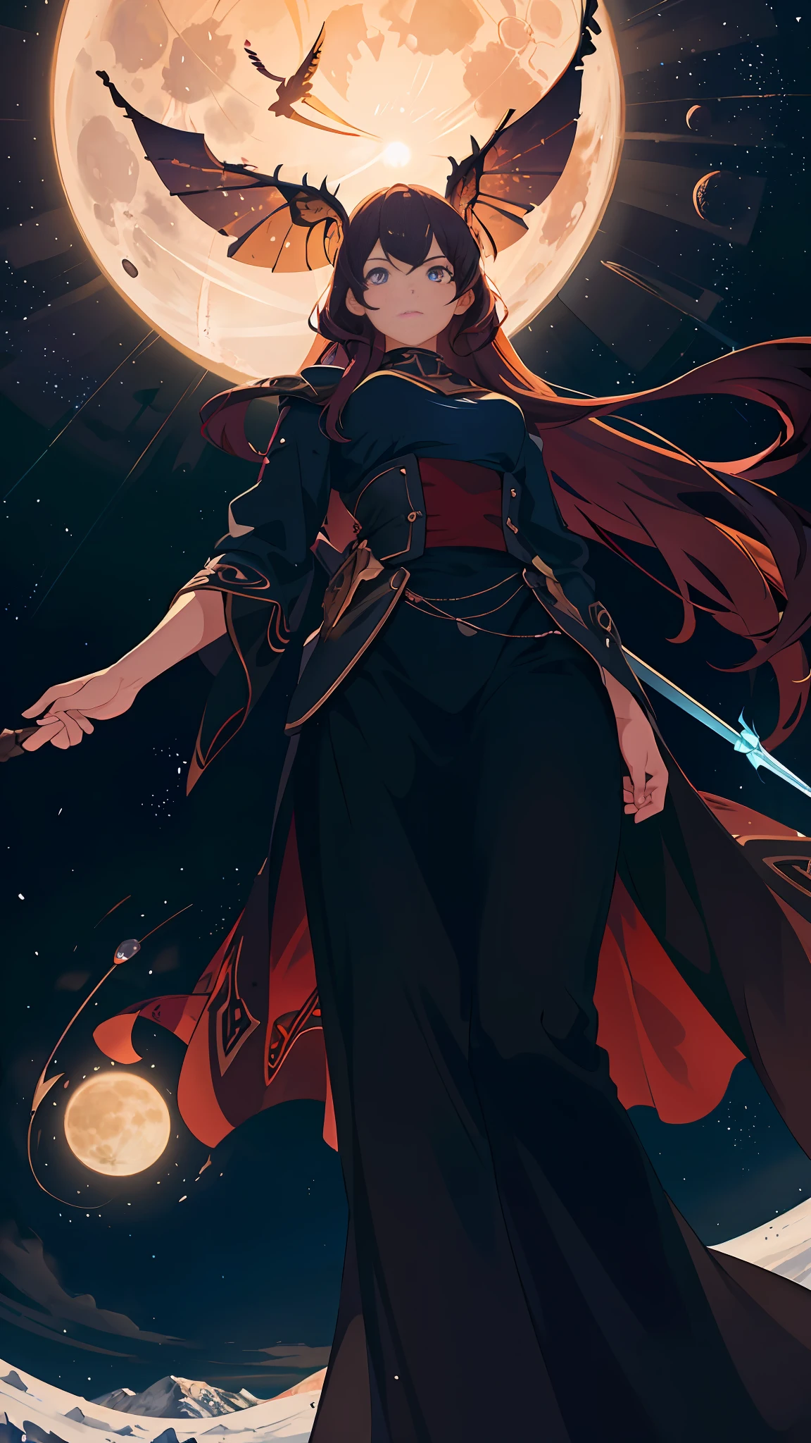 Vast landscape photos, (from below, the sky above, open fields below), a girl standing on a flower field looking up, (Full Moon: 1.2), (Meteor: 0.9), (Nebula: 1.3), Far Mountains, Trees BREAK Making Art, (Warm Light Source: 1.2), (Firefly: 1.2), Lights, Lots of Purple and Orange, Intricate Detailing, Volumetric Lighting, Realism BREAK (Masterpiece: 1.2), (Best Quality), 4K, Ultra-Detailed, (Dynamic Composition: 1.4), Very Detailed, Rich in Color, (Iridescent Color: 1.2), (Glow, Atmospheric Illumination), Dreamy, Magical, (Solo: 1.2), Giant Sword in both hands, eyes to the sky,