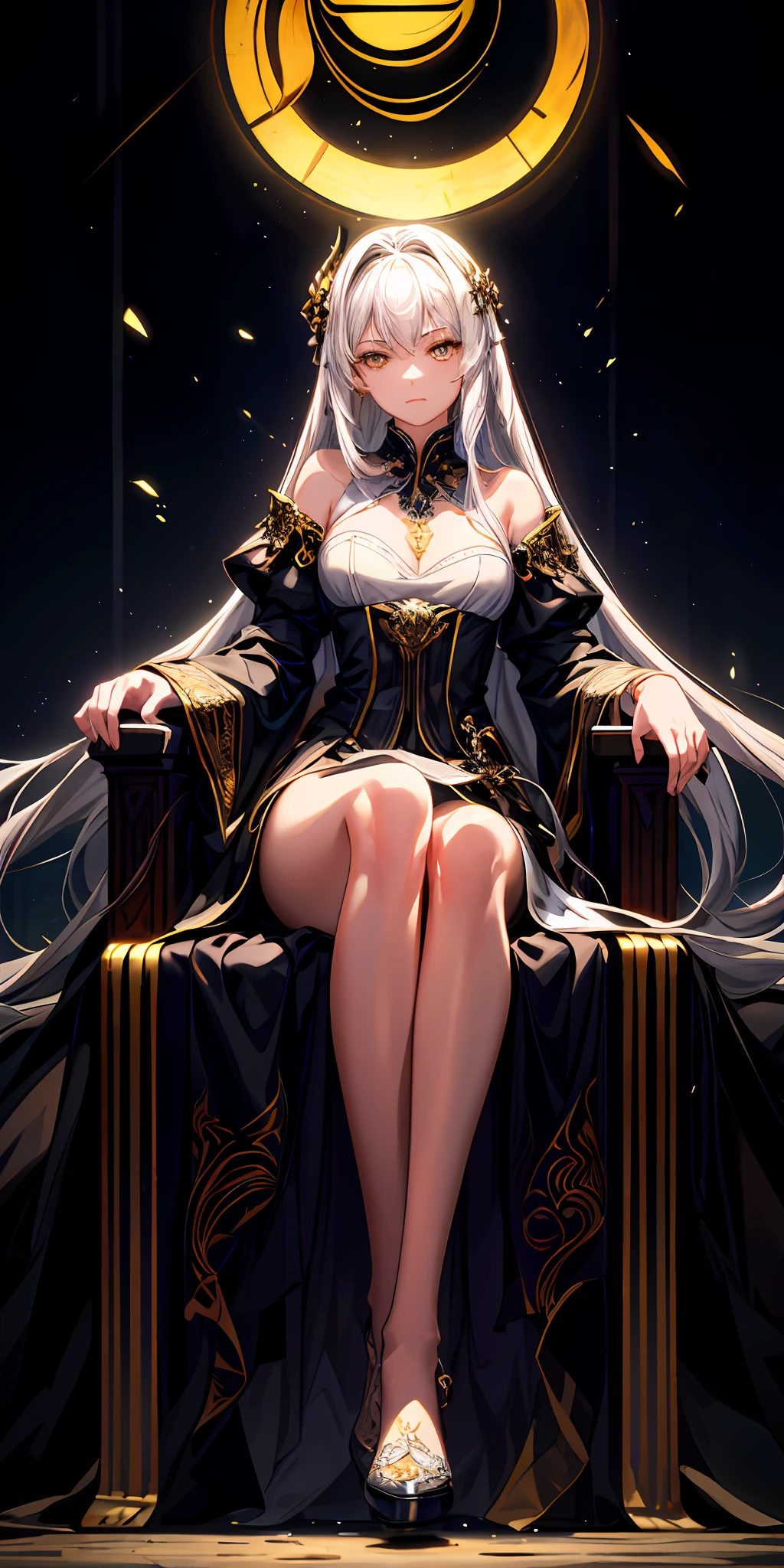 Masterpiece:1.2), best quality, (illustration:1.2), (ultra-detailed), hyper details, (delicate detailed), (intricate details), (cinematic light, best quality Backlights), clear line, from below, solo woman, perfect body, (1girl), white hair and yellow eyes, (emperor, black see-through clothes) sitting on the throne, eyes slightly closed, head down, head down, (shy: 1.2 ), (makeup), high contrast, (best illumination, an extremely create and beautiful), (cinematic light)), colorful, wearing black shoes, Place your hands flat on the throne