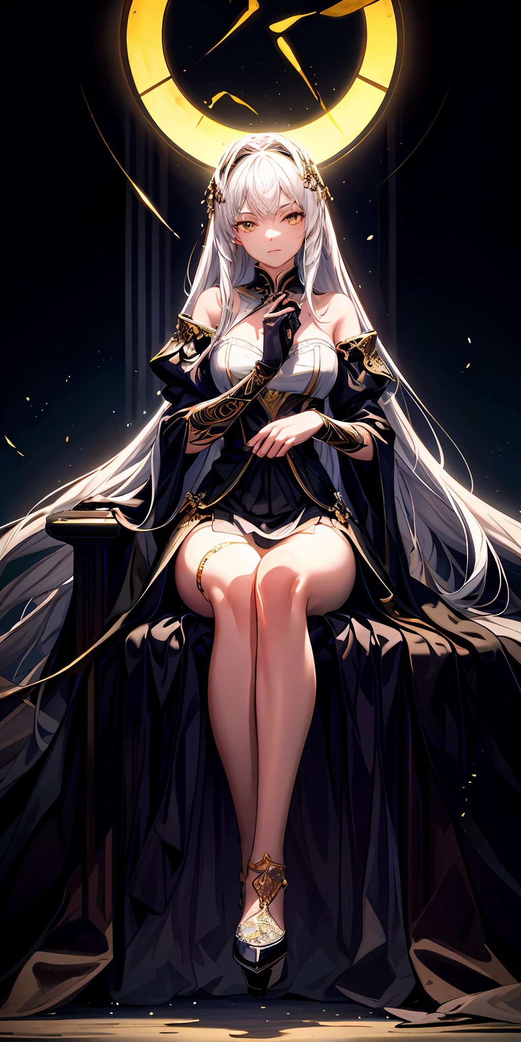 Masterpiece:1.2), best quality, (illustration:1.2), (ultra-detailed), hyper details, (delicate detailed), (intricate details), (cinematic light, best quality Backlights), clear line, from below, solo woman, perfect body, (1girl), white hair and yellow eyes, (emperor, black see-through clothes) sitting on the throne, eyes slightly closed, head down, head down, (shy: 1.2 ), (makeup), high contrast, (best illumination, an extremely create and beautiful), (cinematic light)), colorful, wearing black shoes, Place your hands flat on the throne