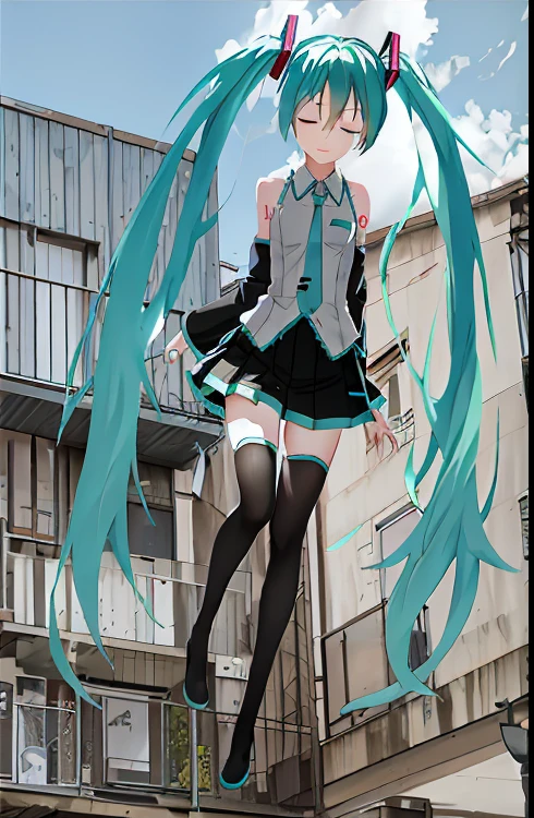 Hatsune Miku, portrait of Hatsune Miku, Vocaloid, anime-style digital art, mouth closed, eyes closed,