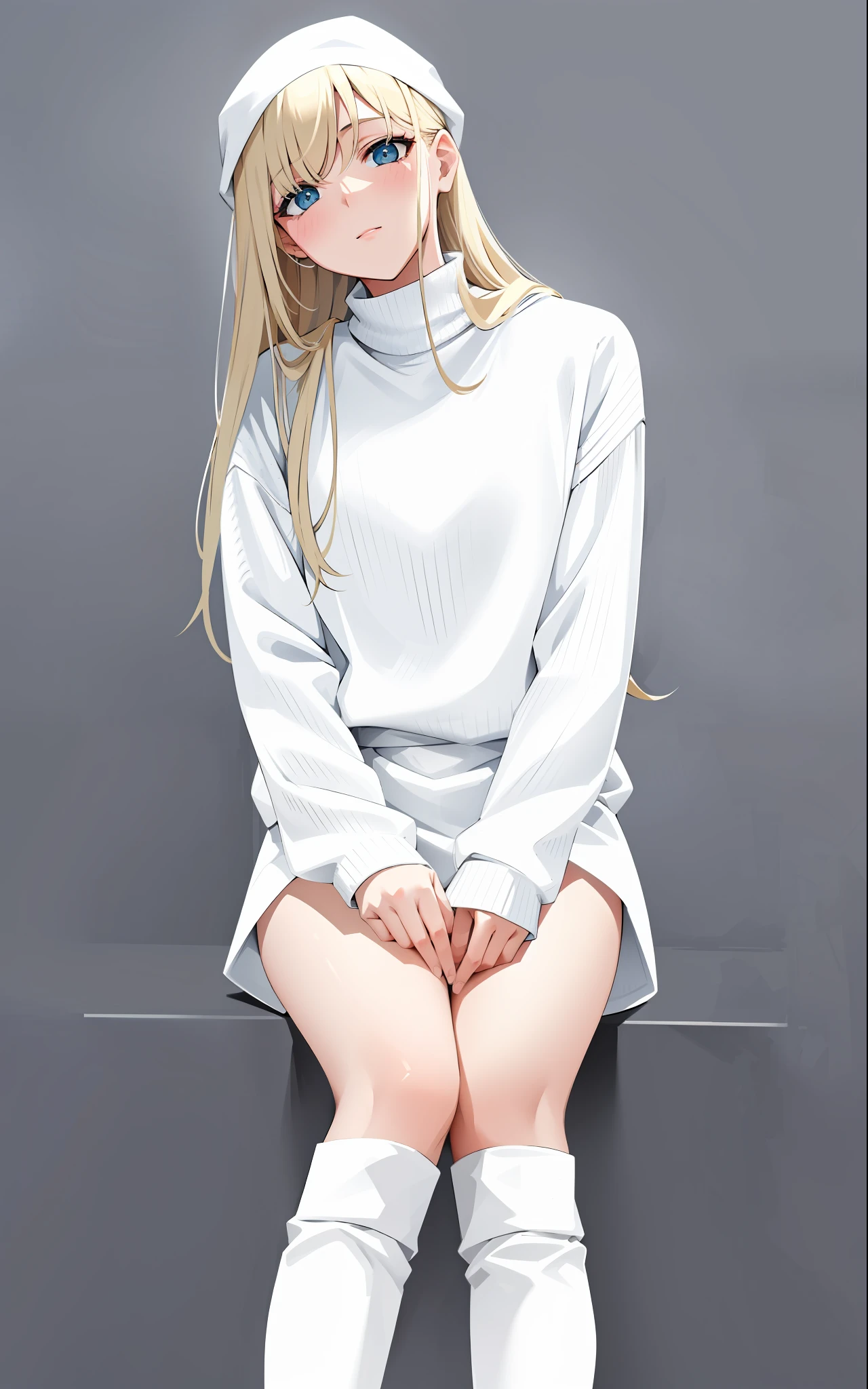 blond woman in white outfit posing on a gray background, white sweater, in white clothes, wearing a white sweater, white color, white clothes, white outfit, casual white garment, white and pale blue toned, with a long white, in white turtleneck shirt, white tones, wearing white clothes, pale blue, white clothing, with white long hair, white cyan
