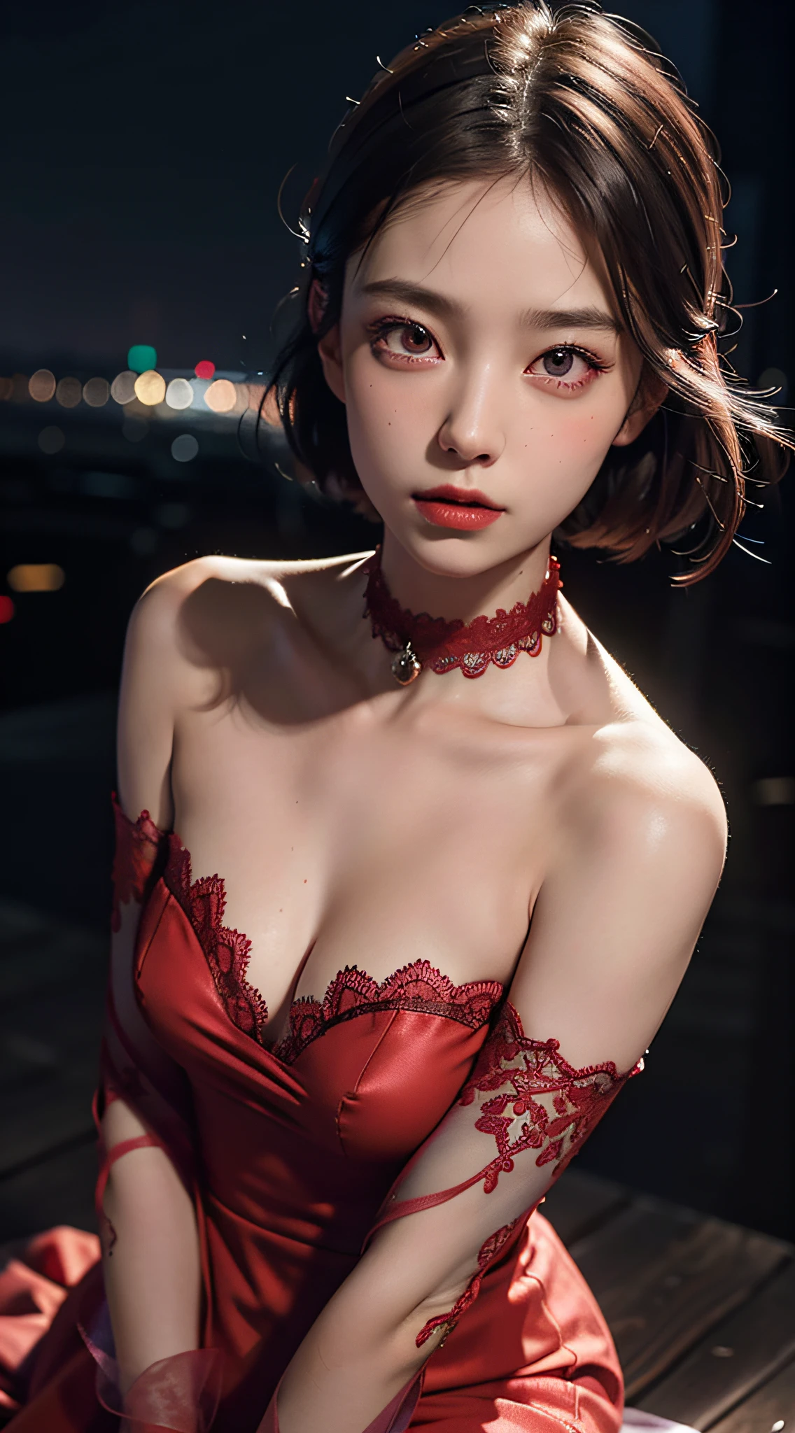 Close-up, (neon, night view, Dutch angle, from above, strapless: 1.3), masterpiece, top quality, raw photo, photorealistic, off-shoulder, red lace dress, red choker, reddish-purple eyes, up, upper body, cleavage, face light, shiny skin, film grain, chromatic aberration, absurdity, high resolution, ultra detail, detail, detailed eyes and face, sharp pupils, realistic pupils, sharp focus, sexy inviting pose, crotch open