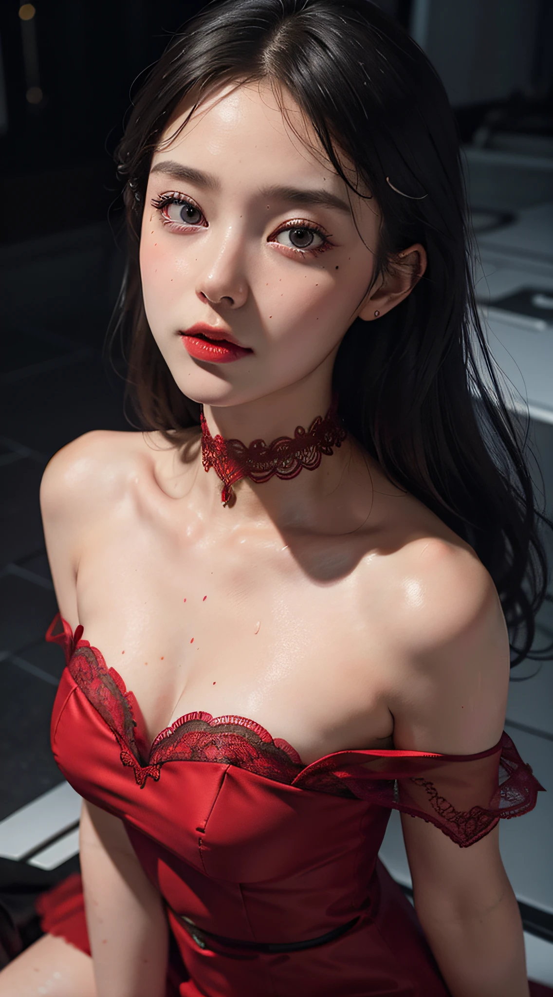 Close-up, (neon, night view, Dutch angle, from above, strapless: 1.3), masterpiece, top quality, raw photo, photorealistic, off-shoulder, red lace dress, red choker, reddish-purple eyes, up, upper body, cleavage, face light, shiny skin, film grain, chromatic aberration, absurdity, high resolution, ultra detail, detail, detailed eyes and face, Sharp pupils, realistic pupils, sharp focus, sexy inviting poses, crotch open, sweating, skin wet, shy, red cheeks, embarrassed, whole body soaking wet