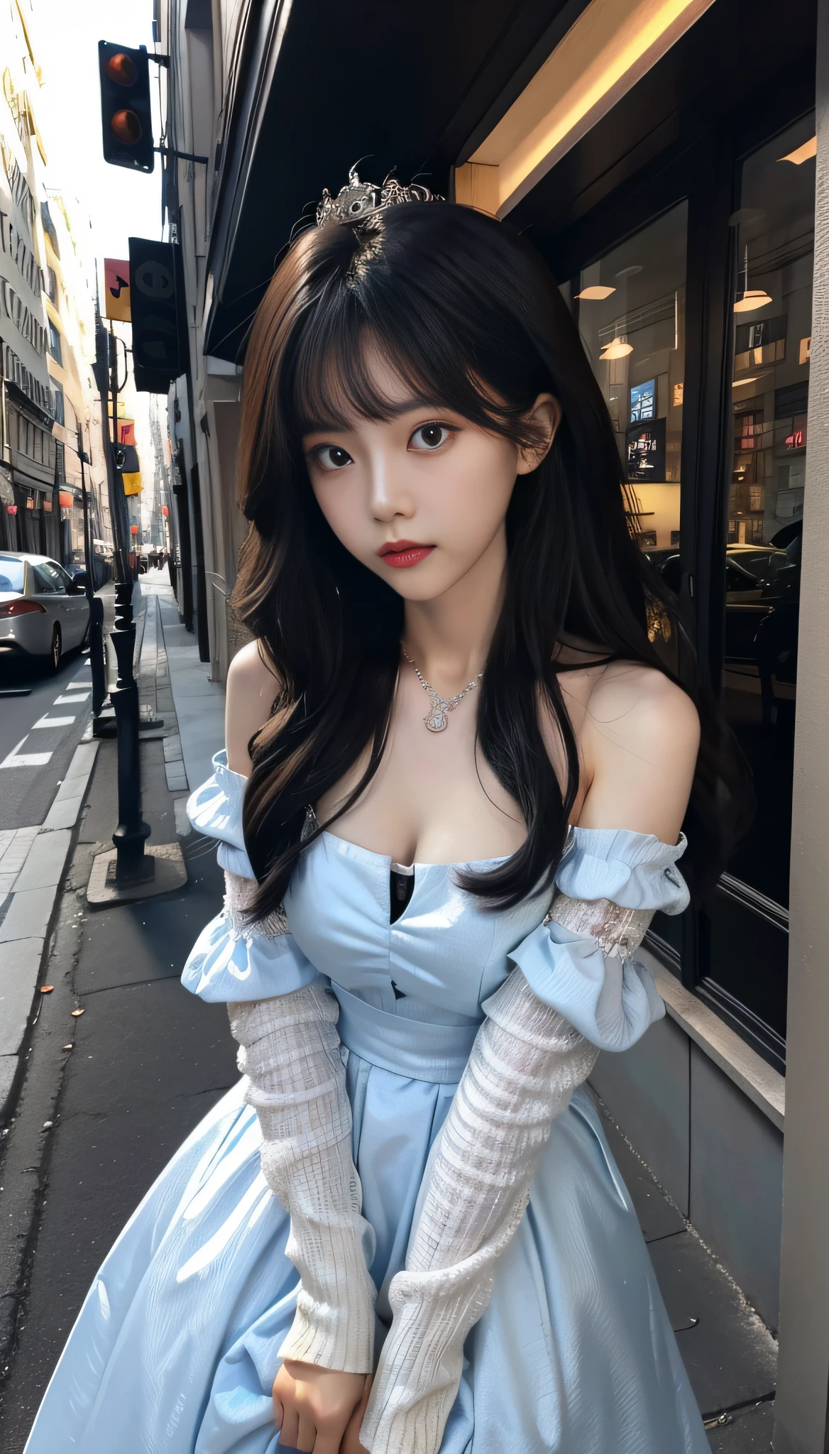 A Korean girl on the street, fluffy hair, delicate face, realistic, real, large aperture, wearing a black princess dress, short princess dress, fluffy dress, with a black necklace, slim,