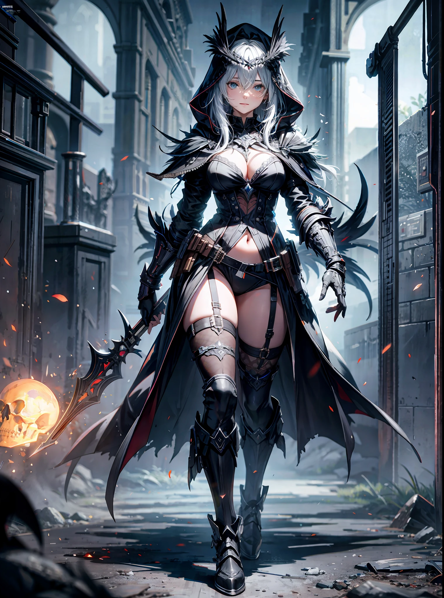 BREAK (very detailed 8k wallpaper),full body of a beautiful female warlock, intricate, high detail, tomb background, BREAK with a black figure looming through gray fog behind her, with a dark cloak hood showing her face and her curve BREAK, black dark aura, moon, books, grimmore, astral floating skull, dark theme, ravens, dark feather,sexy body BREAK,Detailed,Realistic,4k highly detailed digital art,octane render, bioluminescent, BREAK 8K resolution concept art, realism,by Mappa studios,masterpiece,best quality,official art,illustration,ligne claire,(cool_color),perfect composition,absurdres, fantasy,focused,rule of thirds
