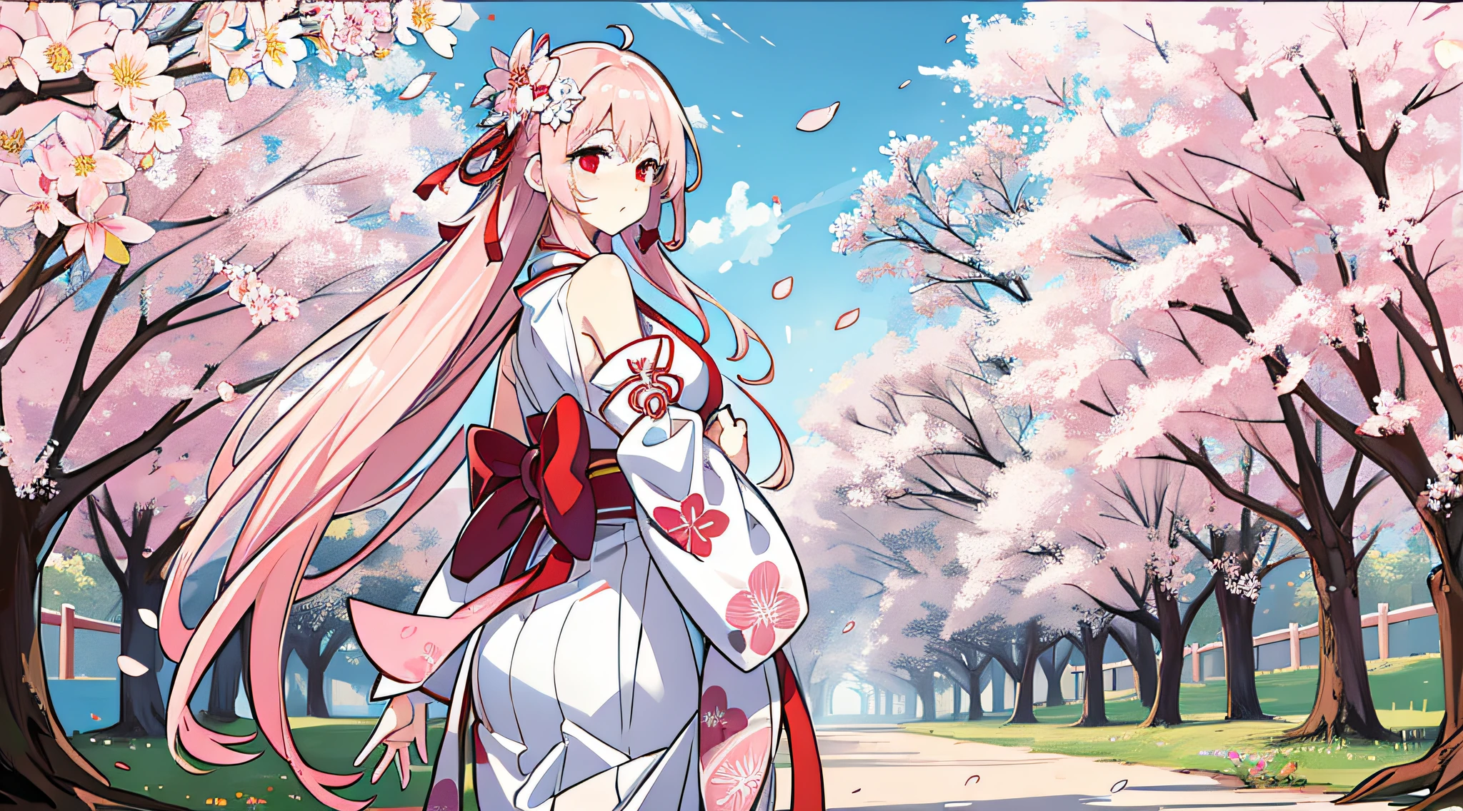 Long hair beautiful girl, red eyes, long pink hair, hair translucent, ribbon, wearing kimono, leaking shoulders and arms, white stockings, perfect figure, full body, looking back, looking back, looking at the audience, Japan, cherry blossoms, shrines, roadside flowers, best quality, 8K, high saturation, rich detail, delicate, low viewing angle, medium field of view