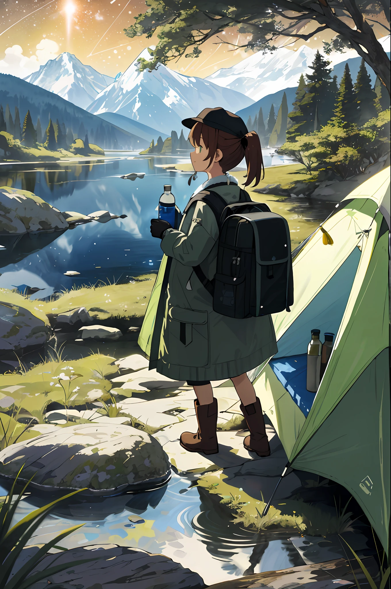 masterpiece, best quality, ultra-detailed, illustration, 1girl, solo, outdoors, camping, night, mountains, nature, stars, moon, tent, twin ponytails, green eyes, cheerful, happy, backpack, sleeping bag, camping stove, water bottle, mountain boots, gloves, sweater, hat, flashlight, forest, rocks, river, wood, smoke, shadows, contrast, clear sky, constellations, Milky Way, peaceful, serene, quiet, tranquil, remote, secluded, adventurous, exploration, escape, independence, survival, resourcefulness, challenge, perseverance, stamina, endurance, observation, intuition, adaptability, creativity, imagination, artistry, inspiration, beauty, awe, wonder, gratitude, appreciation, relaxation, enjoyment, rejuvenation, mindfulness, awareness, connection, harmony, balance, texture, detail, realism, depth, perspective, composition, color, light, shadow, reflection, refraction, tone, contrast, foreground, middle ground, background, naturalistic, figurative, representational, impressionistic, expressionistic, abstract, innovative, experimental, unique