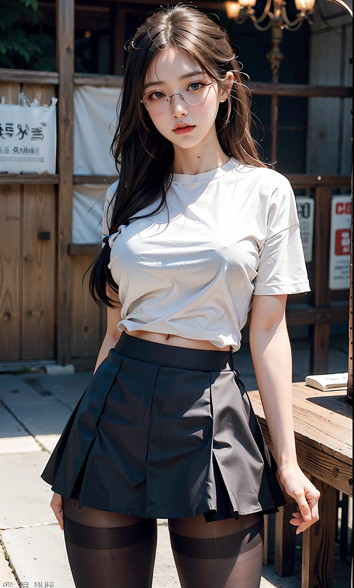 ulzzang-6500-v1.1,(raw photo:1.2), (photorealistic:1.4), beautiful detailed girl, very detailed eyes and face, beautiful detailed eyes, ridiculous, incredibly ridiculous, huge file size, super detailed, high resolution, very detailed, best quality, masterpiece, ((t-shirt)), illustration, very detailed, CG, unified, 8k wallpaper, amazing, fine details, masterpiece, Best quality, very detailed CG unified 8k wallpaper, face light, movie lighting, 1girl, 16 years old, long white hair, side split, (big breasts), (no panties)), (with glasses), (dynamic pose), (sexy pose), ((camel toe))), (half), ((pantyhose)), ((black hip skirt)), (bent knees)))))