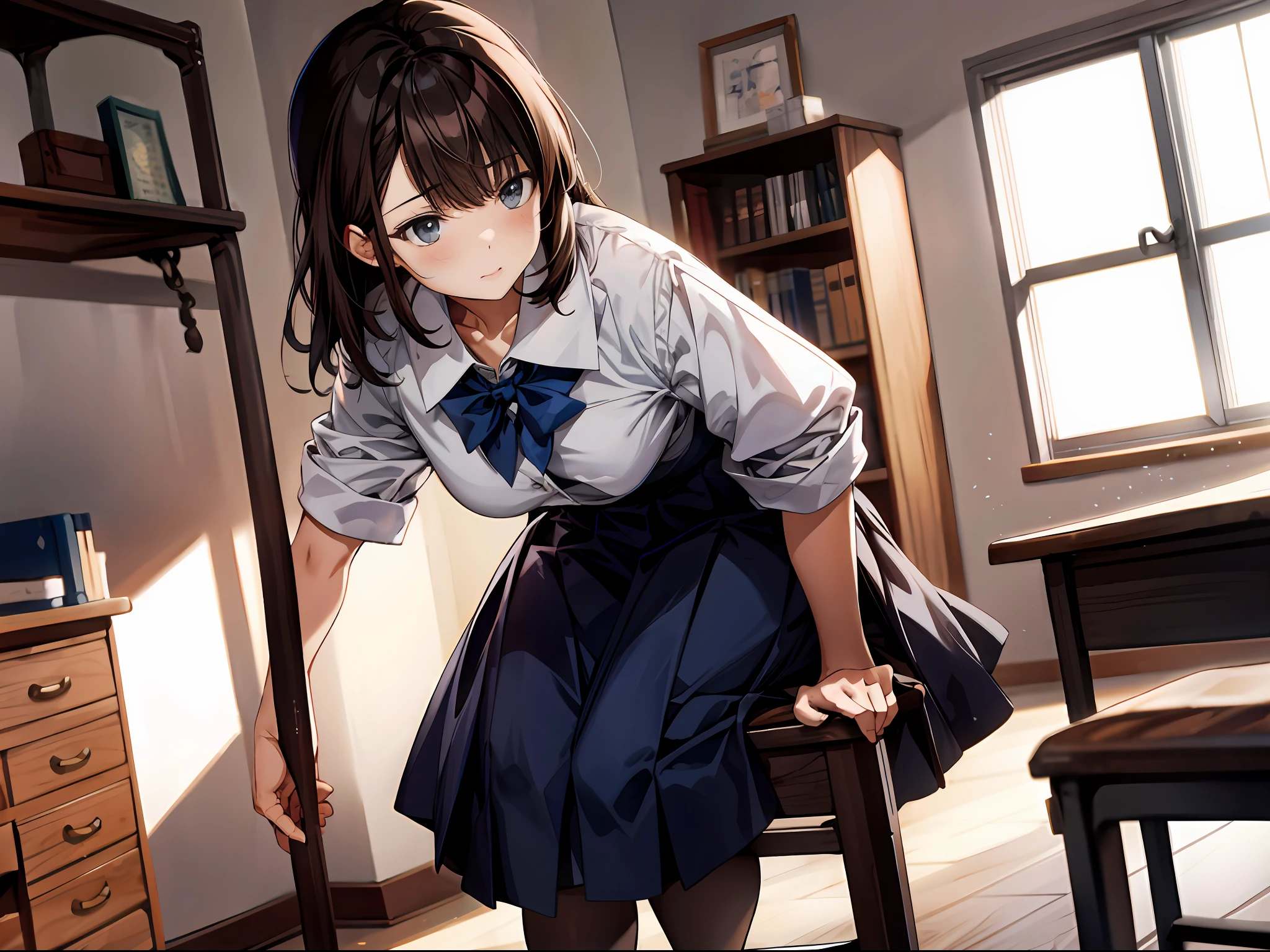 In the school dormitory, a brunette struggled to prop herself up and fumbled to sit on a stool