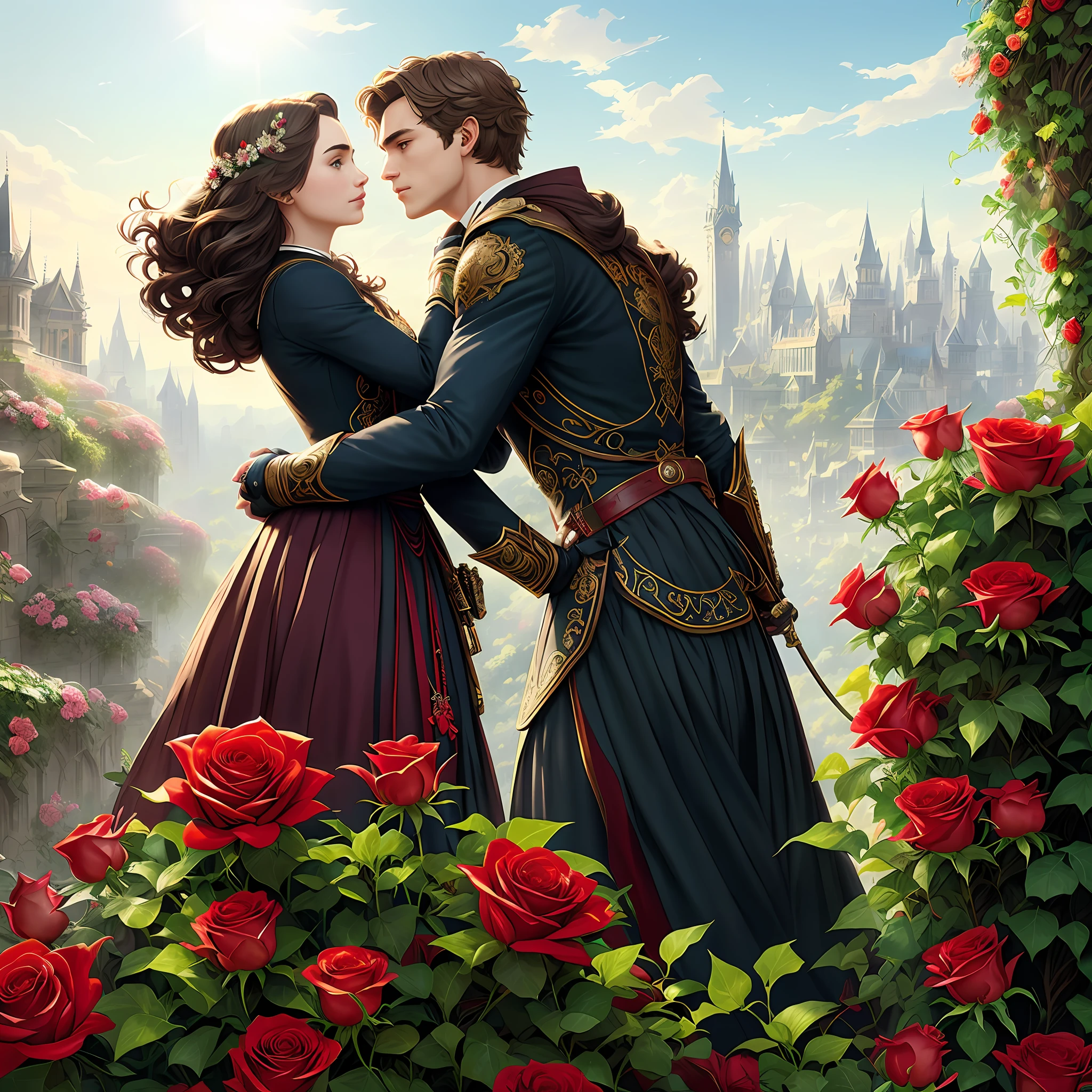 A couple, Neels Visser is a prince who has brown hair, wears a modern outfit in shades of azul, and is in love with the commoner Lily Collins, who has curly brown black hair and wears a red dress, they kiss very affectionately, illustration of a novel book cover with a detailed, smooth, bright background full of ivy-covered flowers and red roses, ornate dress standing on a bed of roses, rim light, dynamic lighting, ethereal lighting, ultra detail, concept art, elegant, surreal, art by Lisa Aisato, Greg Hildebrandt, Citemer Liu, Stjepan Sejic, Samyang, Aykut Aydogdu, Justin Gerard, Alphonse Mucha, Artgerm, WLOP and Greg Rutkowski
