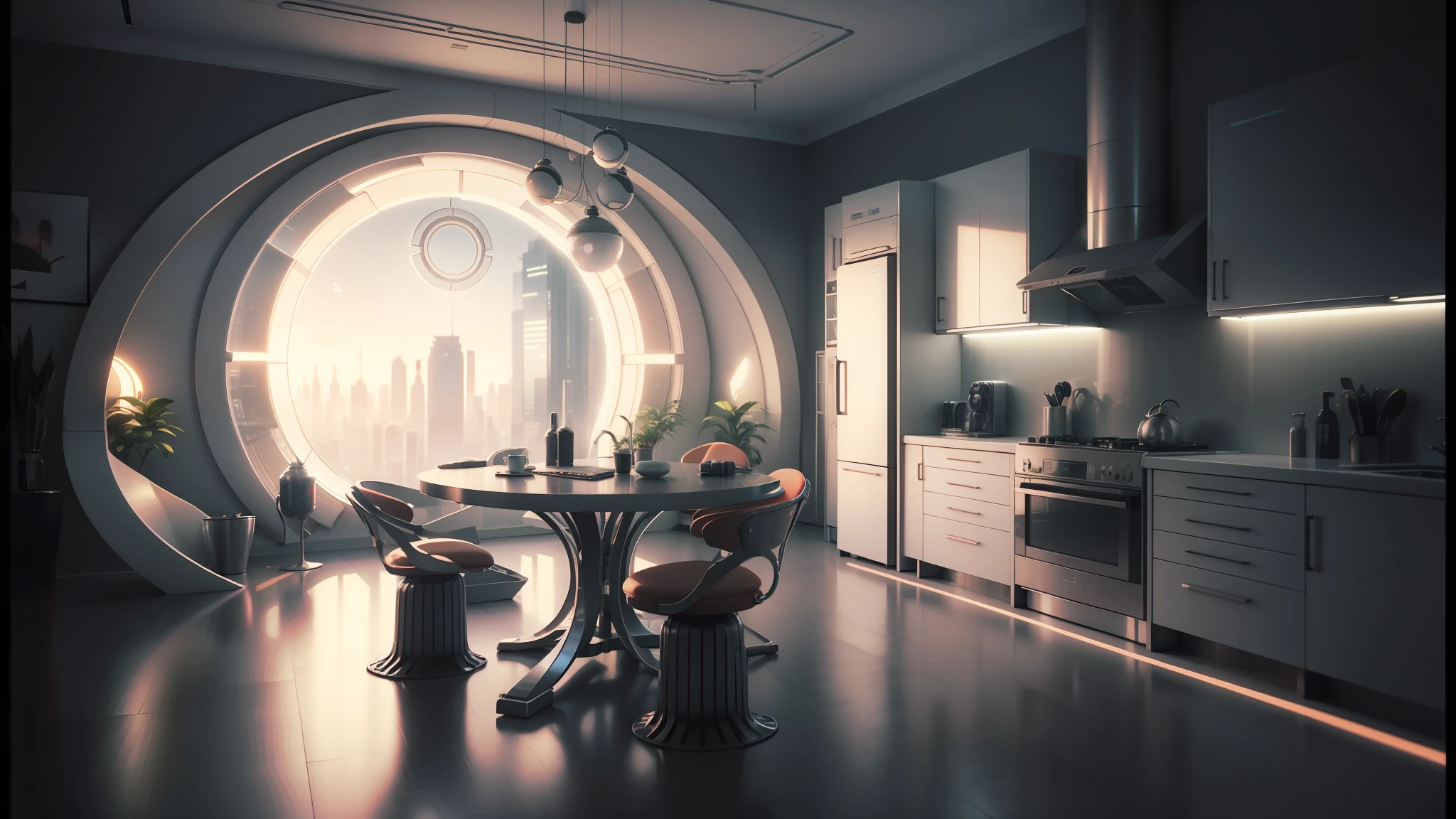 there is a table and chairs in a room with a circular window, retro futuristic apartment, futuristic. game cg, futuristic room background, futuristic decor, futuristic interior, cyberpunk apartment, future science fiction. game cg, cgsociety 9, futuristic room, bladerunner apartment, the cyberpunk apartment, sci - fi interior, dystopian city apartment, corona renderer, vraytracing --auto --s2