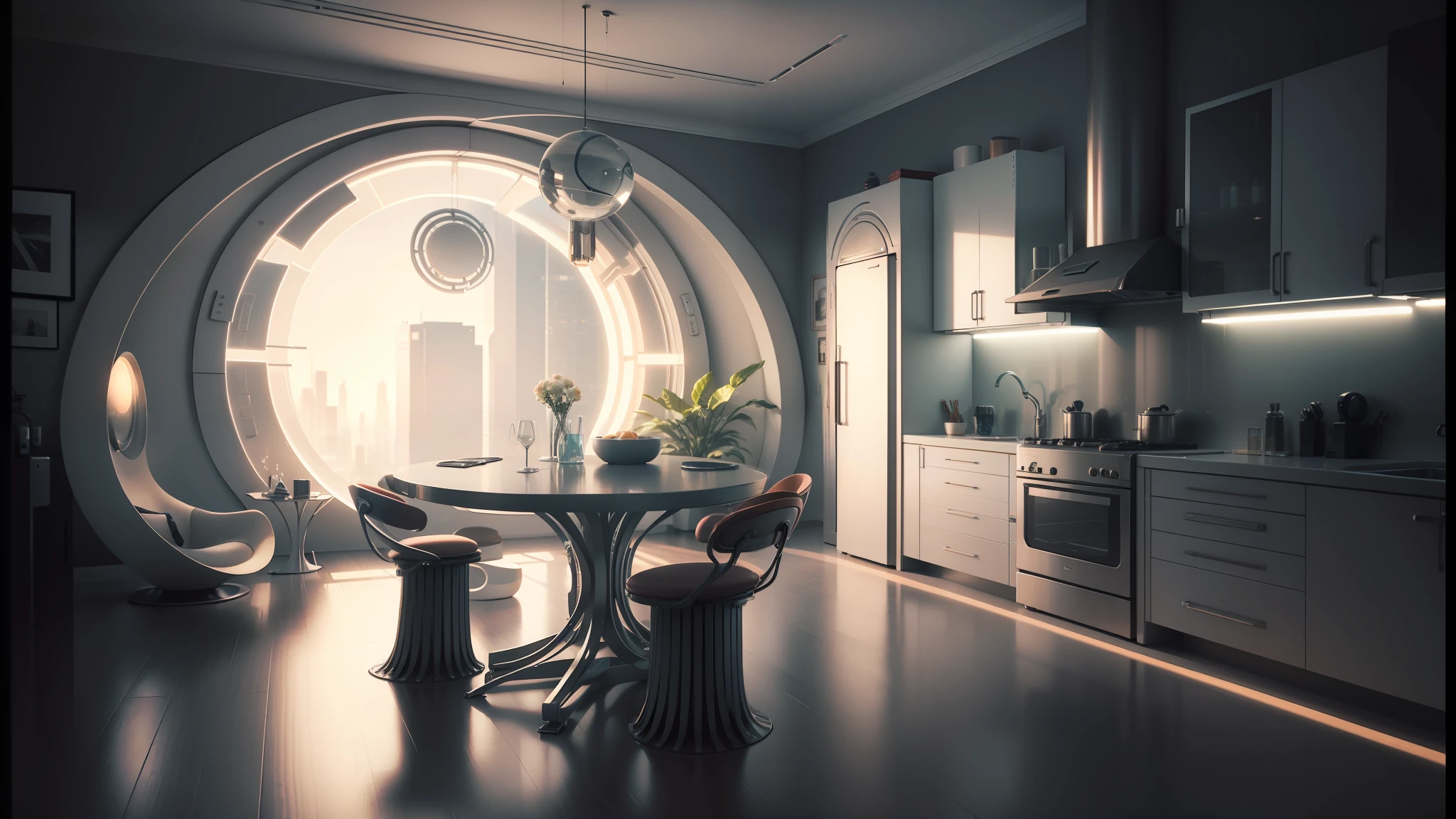 there is a table and chairs in a room with a circular window, retro futuristic apartment, futuristic. game cg, futuristic room background, futuristic decor, futuristic interior, cyberpunk apartment, future science fiction. game cg, cgsociety 9, futuristic room, bladerunner apartment, the cyberpunk apartment, sci - fi interior, dystopian city apartment, corona renderer, vraytracing --auto --s2