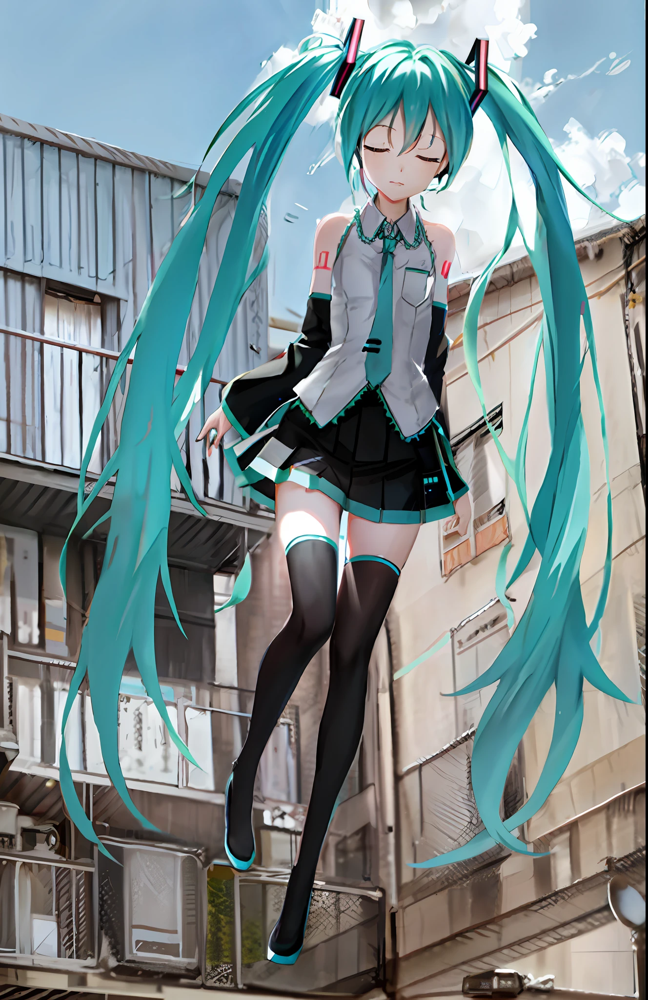 Hatsune Miku, portrait of Hatsune Miku, Vocaloid, anime-style digital art, mouth closed, eyes closed,