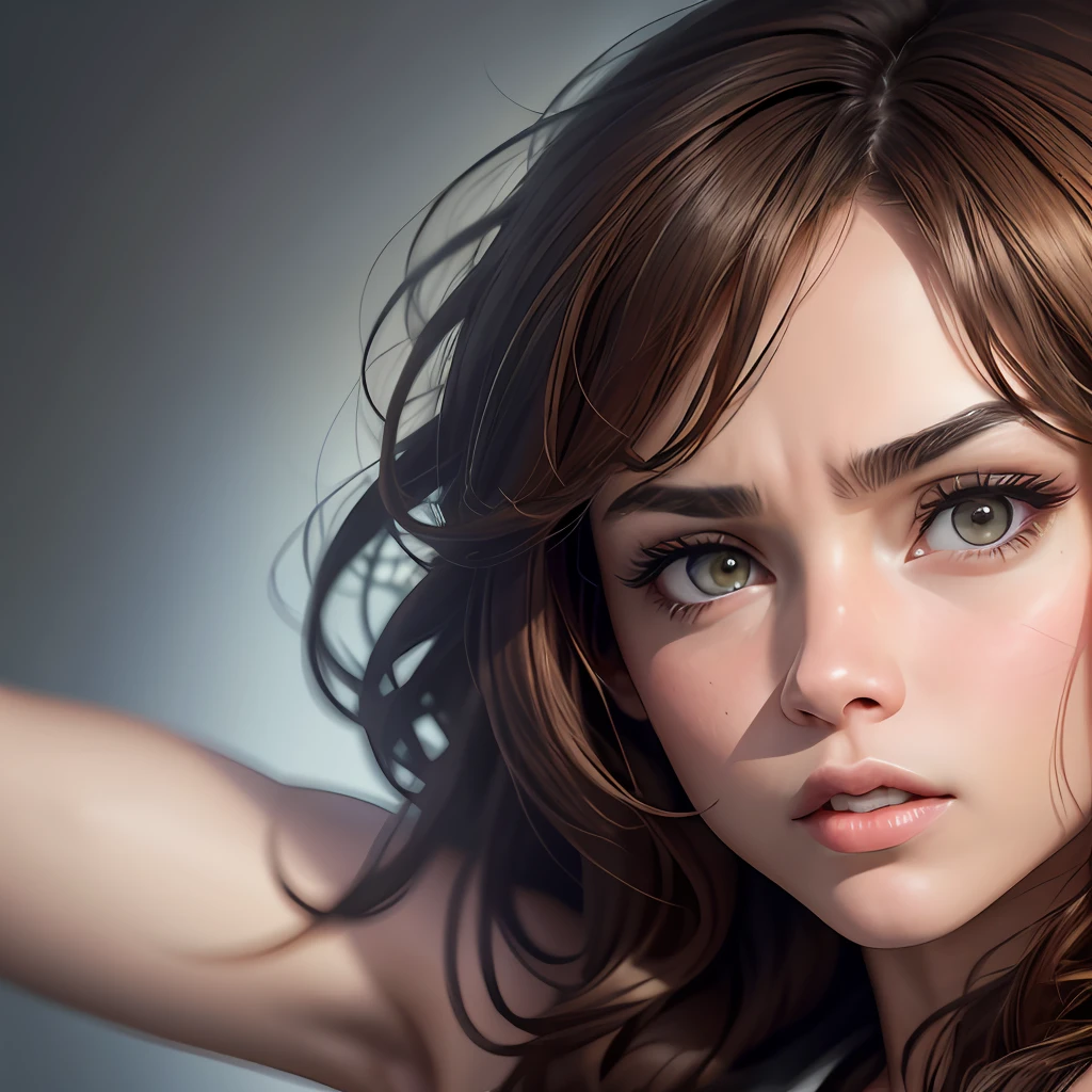 8k,
photo-realistic,
best quality,
crisp image quality,
almond eyes,
brown hair,
light eye makeup,
black eyes,
furious face,
face the front,
raise your arms above your head,
close up of armpit,
upper body,