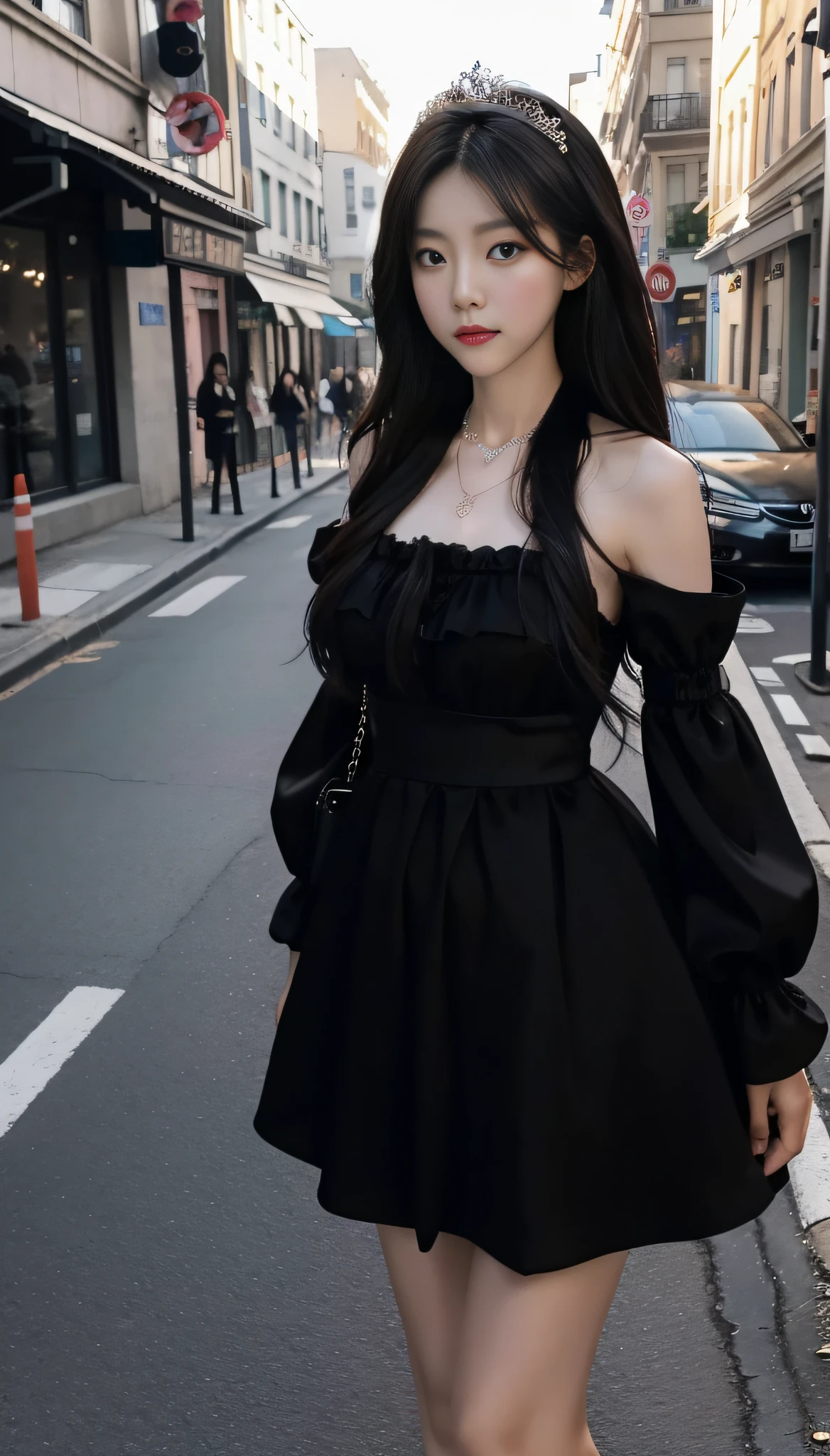 A Korean girl on the street, fluffy hair, delicate face, realistic, real, large aperture, wearing a black princess dress, short princess dress, fluffy dress, with a black necklace, slim,