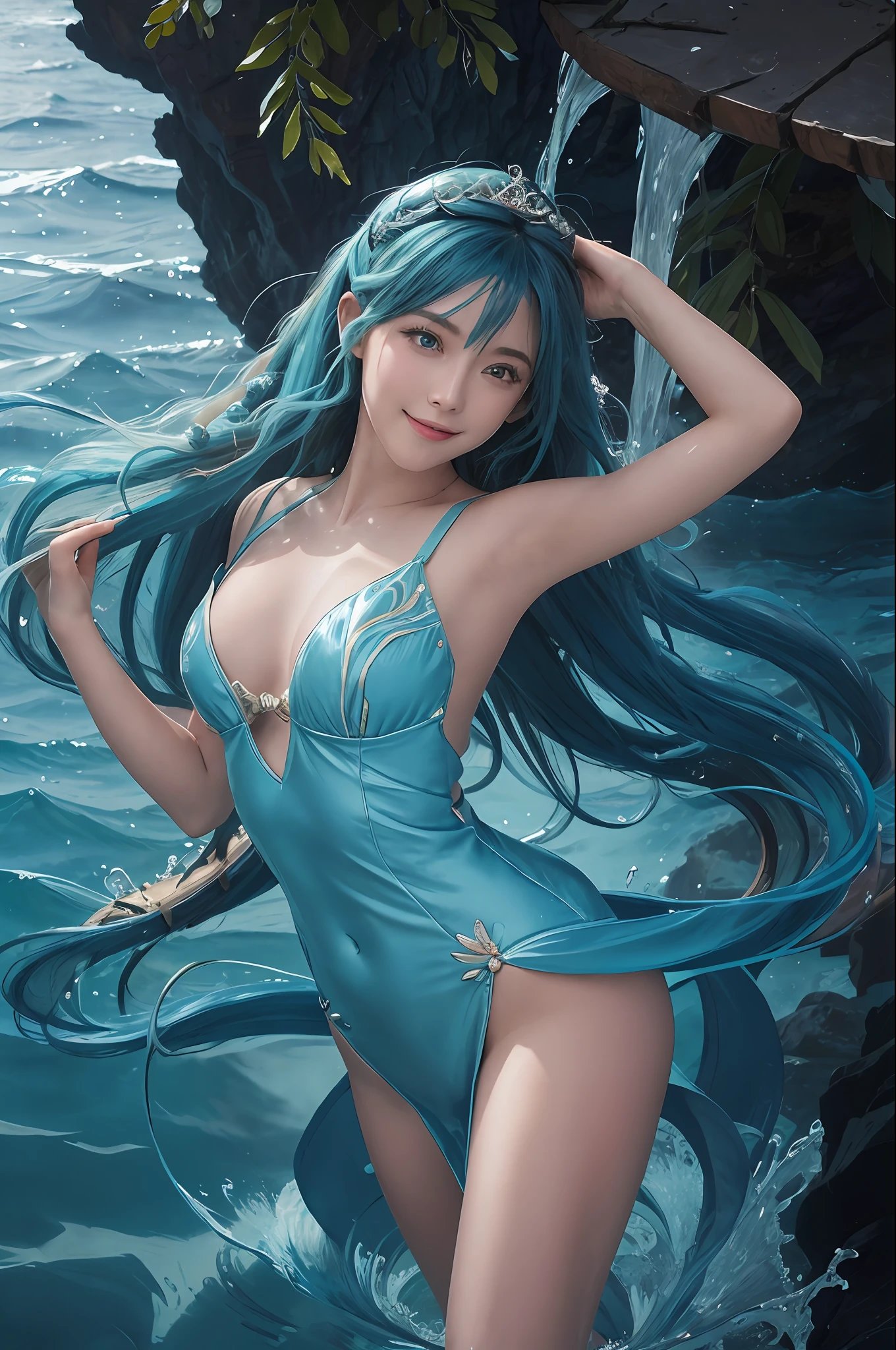 Zoom in Portrait Very beautiful water nymph swimming with dolphins Undine (Masterpiece), Close your eyes and smile, Schools of small fish, watery blue hair, (Masterpiece), fantastic sunlight, bubbles dancing on the water, very beautiful woman, fantasy, beautiful dancing pose, fantastic coral group background, realistic flowers and plants,, constellation-like design Dress, in water Shining blue hair, cinematic light, beautiful woman, beautiful eyes, long hair, perfect anatomy, very pretty, princess eyes, fantastic, stylised animation, bioluminescent, life size, 32K resolution, human hands, mysterious shape, graceful, almost perfect, dynamic angles, highly detailed, figure sheet, concept Art, smooth, symmetrical, balanced placement, fashion pose, 20s beauty, great hair, overhead space