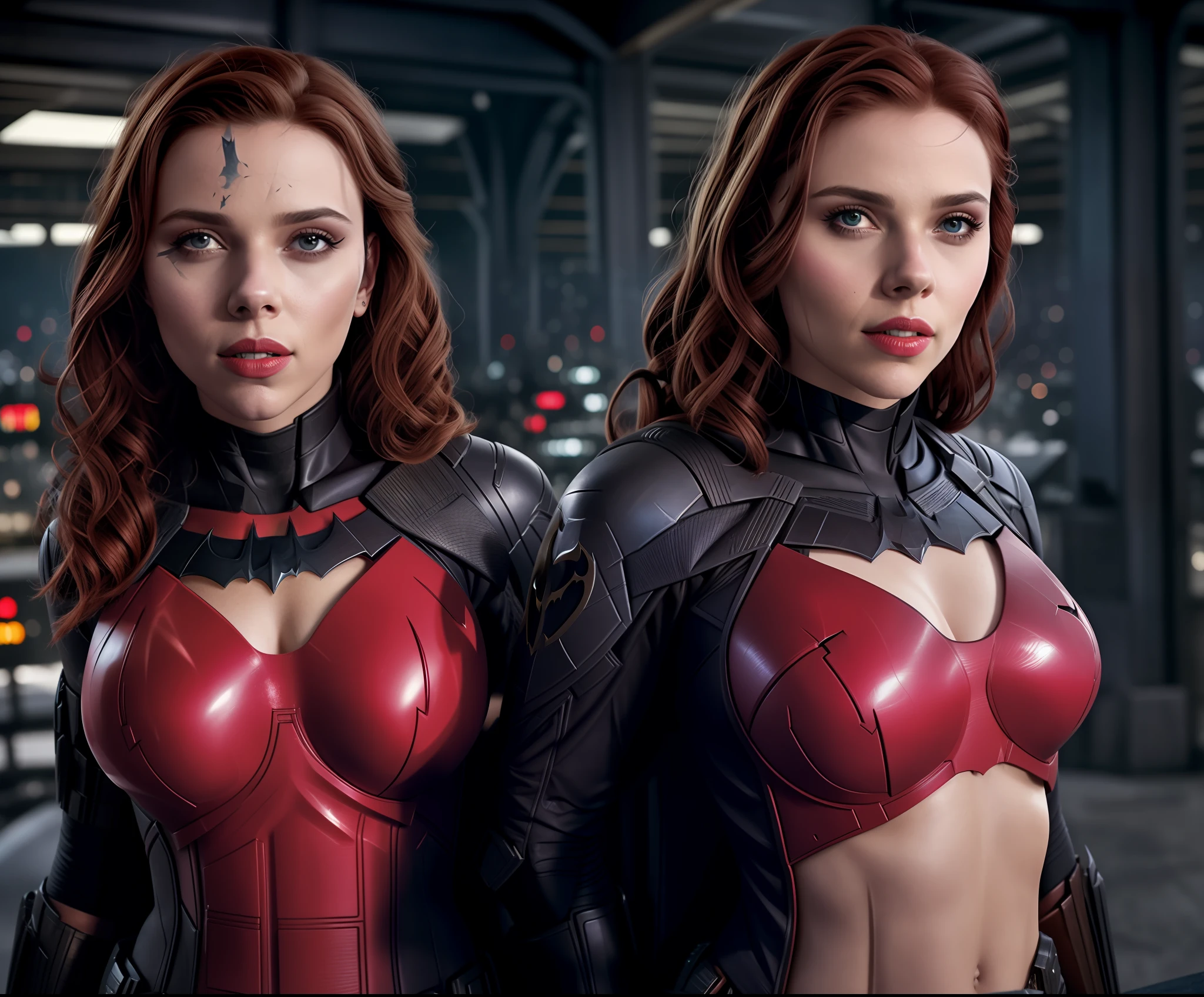 scarlett, (Batman cosplay), highly detailed, artstation, smooth, sharp focus, 8K,(underboob)