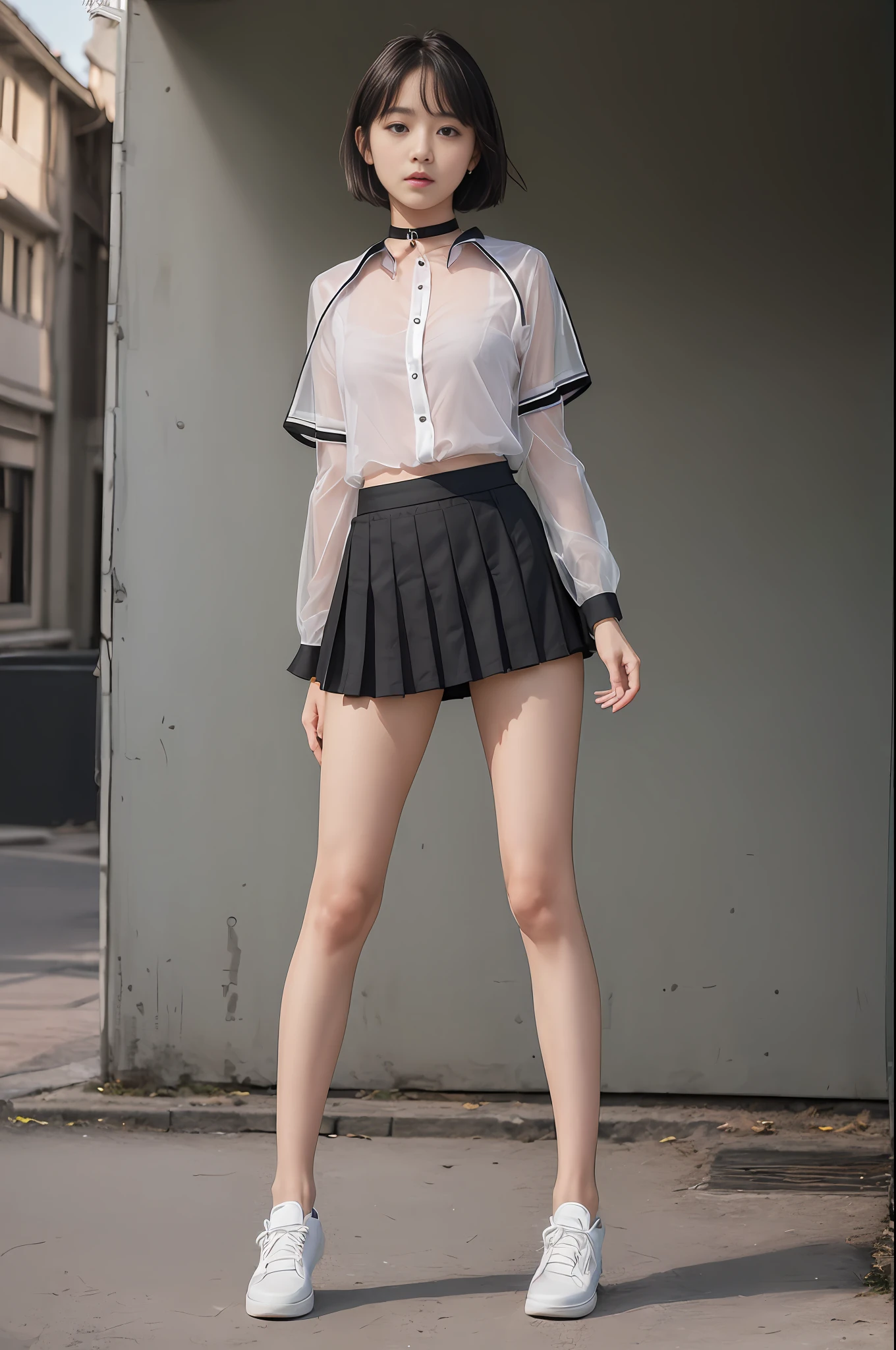 18 years old female, long hair, RAW photo, bokeh (realism: 1.4, realistic), high detail CG unified 8K wallpaper, 1girl, ((slim body: 1)), (small breasts: 1), back to viewer, ((direct view from the front)), (HQ skin: 1.4), 8k uhd, dslr, soft light, high quality, film grain, Fujifilm XT3, ((school uniform, short skirt,choker,see through shirt:1.5)), ((outdoor, at park))) jangjoo, portrait,((Layered short Haircut, black hire,small breast:1.2)),(looking at viewer:1.4),(full body:1.8)