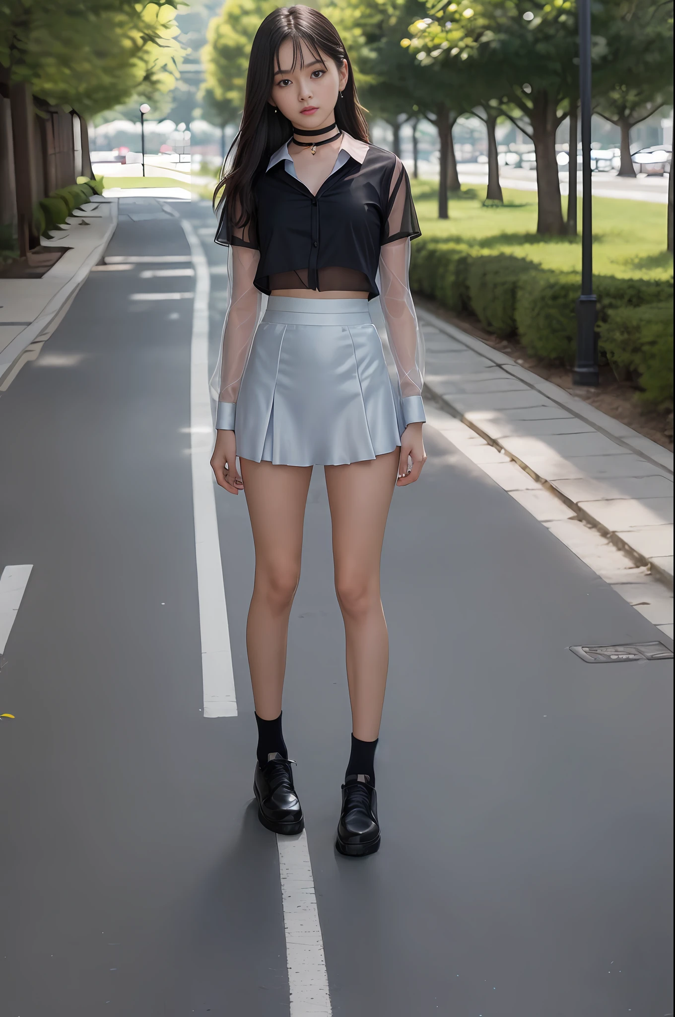 18 years old female, long hair, RAW photo, bokeh (realism: 1.4, realistic), high detail CG unified 8K wallpaper, 1girl, ((slim body: 1)), (small breasts: 1), back to viewer, ((direct view from the front)), (HQ skin: 1.4), 8k uhd, dslr, soft light, high quality, film grain, Fujifilm XT3, ((school uniform, short skirt,choker,see through shirt:1.5)), ((outdoor, at park))) jangjoo, portrait,((Layered short Haircut, black hire,small breast:1.2)),(looking at viewer:1.4),(full body:1.8)