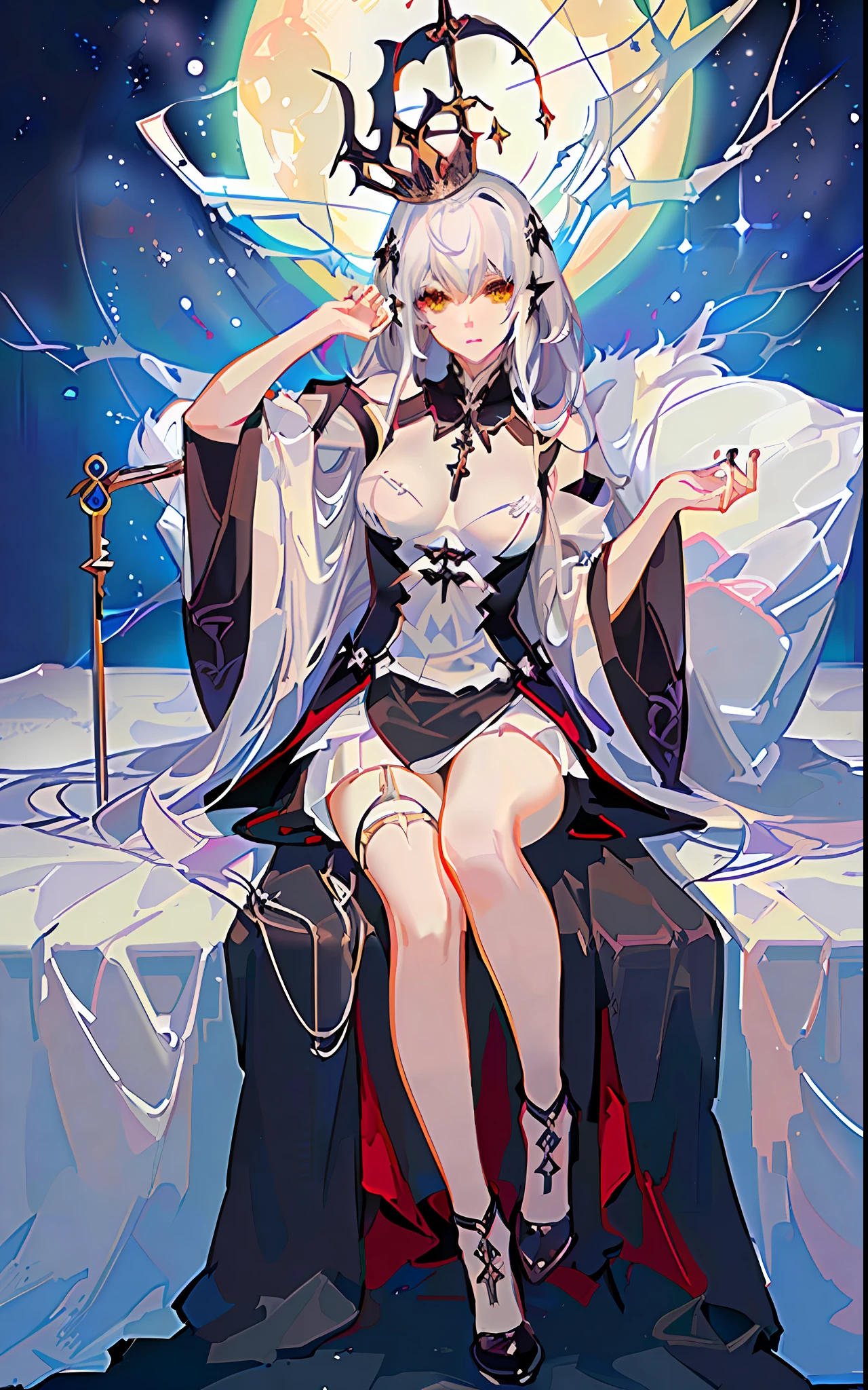 Anime - Stylistic illustration of a woman sitting on bed in a white evening dress, from Arknights, popular on ArtStation Pixiv, albedo from Anime Overlord, Albedo from Overlord, (((Beautiful Fantasy Queen)), Kusart Krenz Key Art Feminization, Zero Zen Art, Digital Art on Pixiv, Hands on the Back of the Head