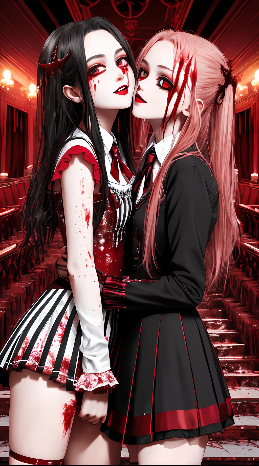 masterpiece, best quality, highres, (2girls,hugs from behind), gorgeous, (vampire:1.15), (red shimmering eyes:1.1), black and white gothic casual dressing, (inside vip club section:1.1), blood stains on lips and cheek, evil smile, horror, blood splatter, unique, experimental,blush, school uniform, (groping),yuri, kiss,