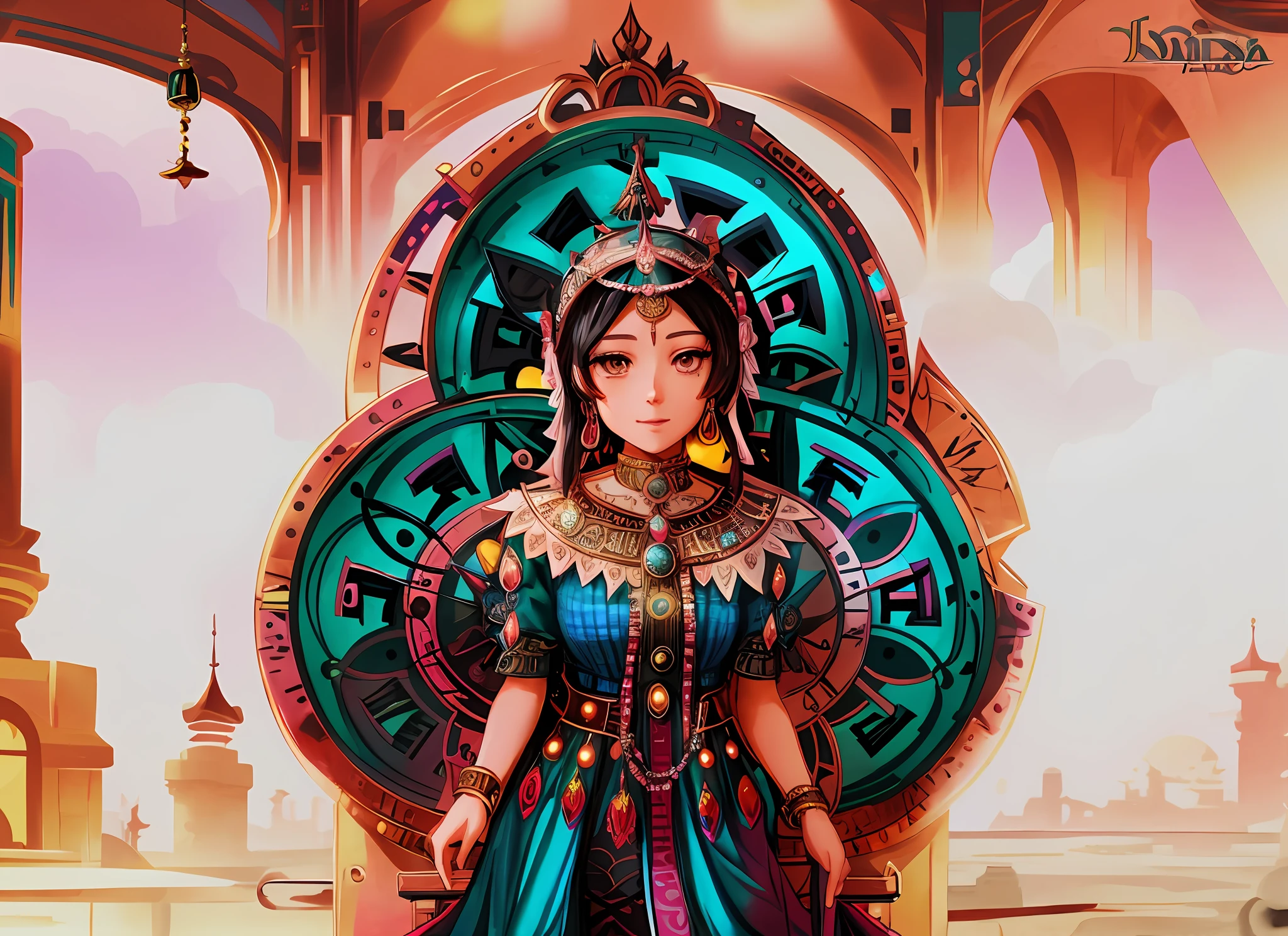 there is a woman in a colorful dress standing in front of a clock, goddess of time, anime fantasy illustration, steampunk beautiful anime woman, intricate ornate anime cgi style, a beautiful fantasy empress, 2. 5 d cgi anime fantasy artwork, anime fantasy artwork, high detailed official artwork, digital anime illustration, ancient libu princess, detailed digital anime art, anime styled digital art