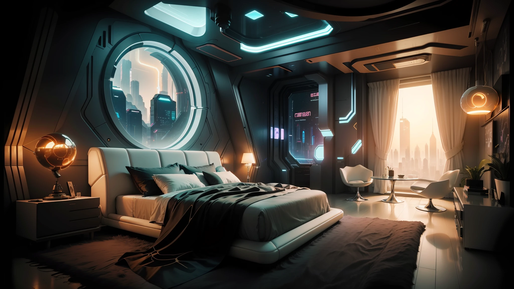 a close up of a bed in a room with a skylight, futuristic room background, futuristic room, retro futuristic apartment, cozy 9 0 s bedroom retrofuturism, futuristic interior, sci - fi interior, cyberpunk teenager bedroom, futuristic decor, futuristic. game cg, galaxy themed room, cyberpunk apartment, realistic space, cyberpunk childrens bedroom, dawn cgsociety --auto --s2