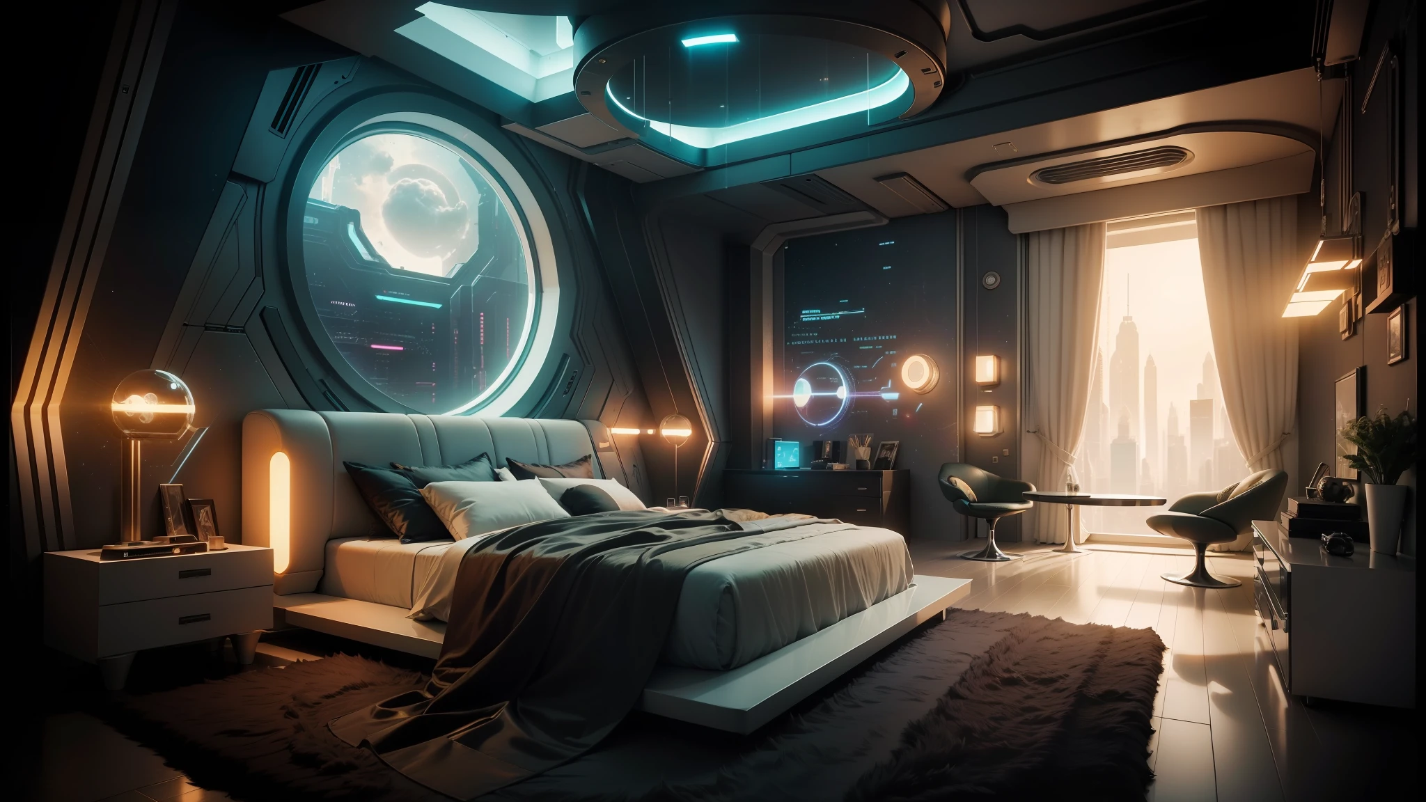 a close up of a bed in a room with a skylight, futuristic room background, futuristic room, retro futuristic apartment, cozy 9 0 s bedroom retrofuturism, futuristic interior, sci - fi interior, cyberpunk teenager bedroom, futuristic decor, futuristic. game cg, galaxy themed room, cyberpunk apartment, realistic space, cyberpunk childrens bedroom, dawn cgsociety --auto --s2