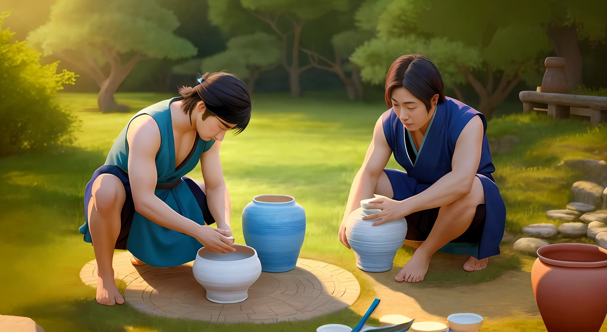 Perfect hands, perfect feet, perfect face, two ancient Chinese men, dressed in Han clothes, making clay pots, (clay pots: 1.2), surrounded by beautiful nature. The illustration is a 4K resolution HD illustration with very detailed facial features and realistic style visuals, in the same shot, perfect hands, perfect feet, perfect face
