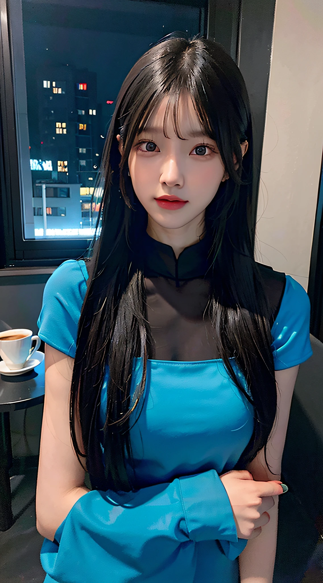 (Digital Art, Ultra HD, Ultra Detail Painting), (High Contrast), (Ordinary Apartment Standing Asian Beauty) Neon lights shining on the body, (Large rings and long straight black hair) to create a sharp contrast, (Night window) Add mystery, (Blue extra-long sexy transparent dress) Highlight the curves of the figure, (Laptop and coffee cup and vase) Create an intimate and free atmosphere, (4K quality) Show every detail.