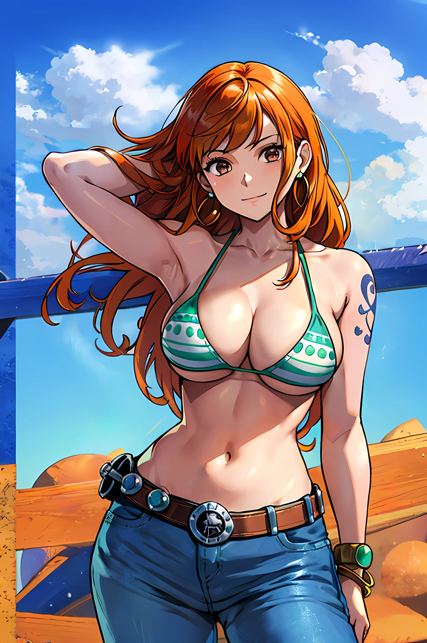 nami \(one piece\), 1girl, bangle, bangs, bare shoulders, belt, bikini, bikini top only, blue sky, bracelet, , brown eyes, bubble, cleavag, cowboy shot, day, denim, earrings, floating hair, green belt, green bikini, jeans, jewelry, large breasts, log pog hair, looking at viewer, navel, orange hair, pants, (left shoulder), sidelocks, sky, smile, solo, standing, swimsuit, tattoo , ((masterpiece)), wrestler