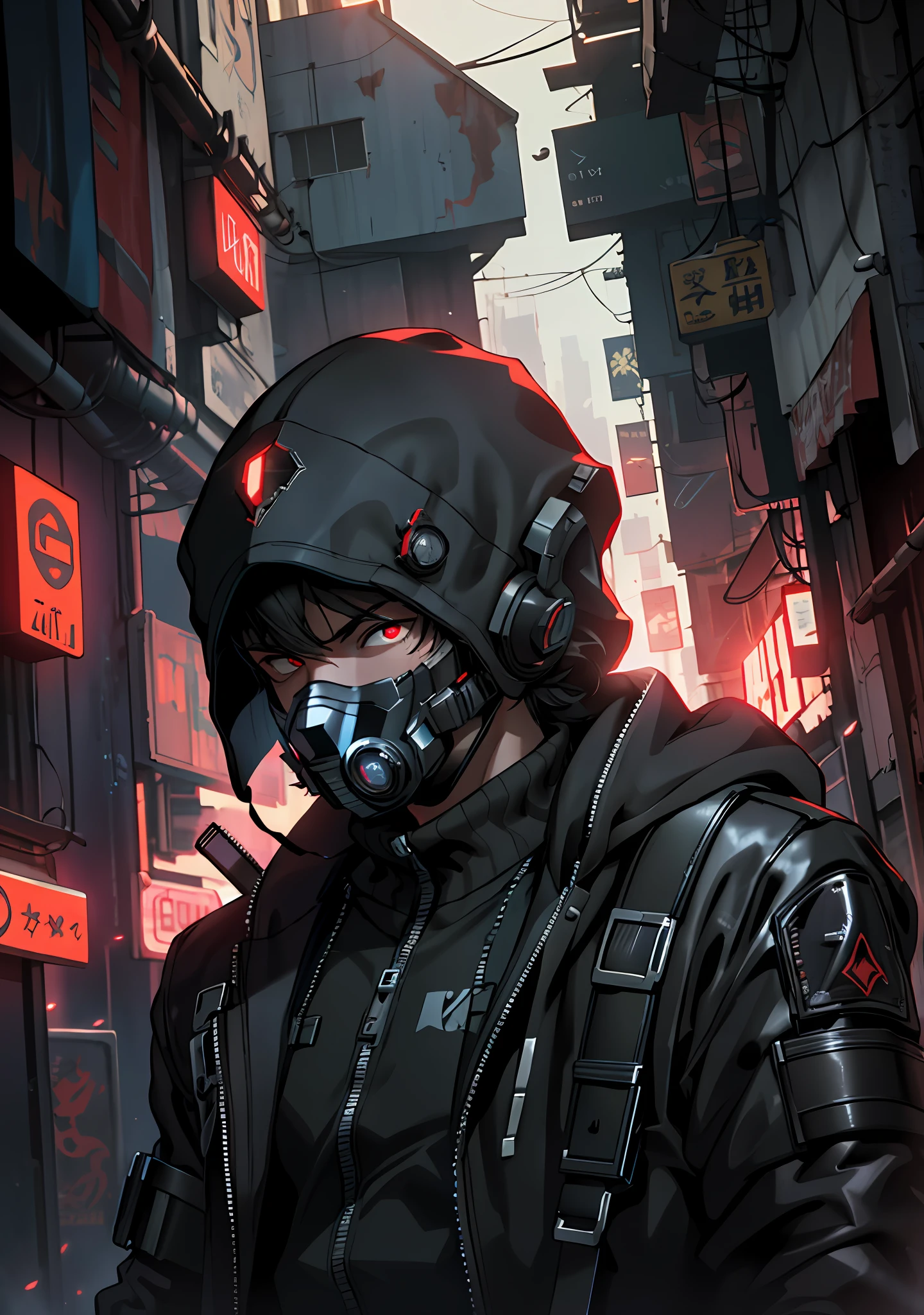 Ultra detail, high resolution, super detail, best quality, amazing, top quality, extremely detailed CG Unity 8k wallpaper, cinematic lighting, cyberpunk, dark boy, trash gang mask, red eyes, unreal explosion scene,