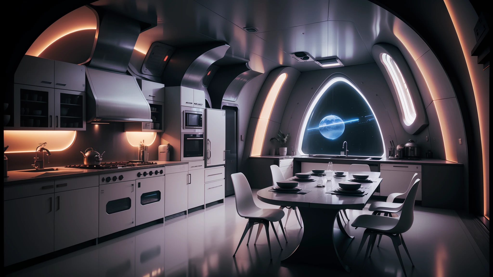 arafed kitchen with a table and chairs and a large window, retro futuristic apartment, futuristic interior, futuristic decor, brutalist futuristic interior, surreal sci fi architecture, sci - fi interior, futuristic room, surreal sci fi set design, gothic and futuristic, inside a brutalist space ship, futuristic room background, futuristic house, corona renderer, futuristic palace --auto --s2
