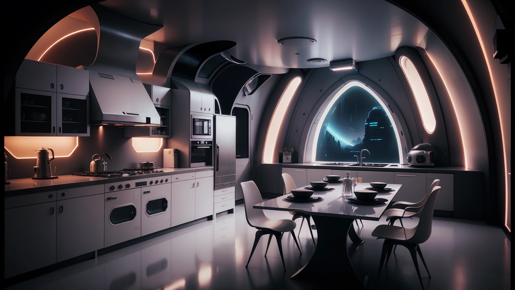 arafed kitchen with a table and chairs and a large window, retro futuristic apartment, futuristic interior, futuristic decor, brutalist futuristic interior, surreal sci fi architecture, sci - fi interior, futuristic room, surreal sci fi set design, gothic and futuristic, inside a brutalist space ship, futuristic room background, futuristic house, corona renderer, futuristic palace --auto --s2
