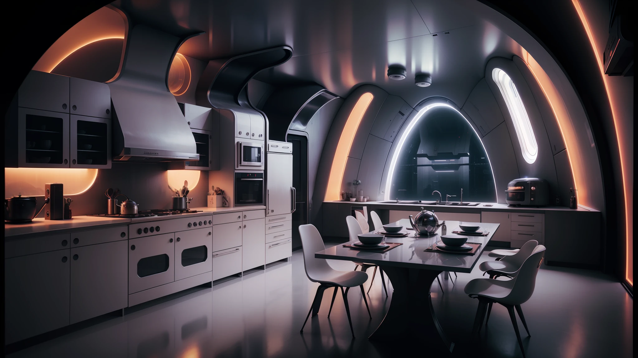 arafed kitchen with a table and chairs and a large window, retro futuristic apartment, futuristic interior, futuristic decor, brutalist futuristic interior, surreal sci fi architecture, sci - fi interior, futuristic room, surreal sci fi set design, gothic and futuristic, inside a brutalist space ship, futuristic room background, futuristic house, corona renderer, futuristic palace --auto --s2