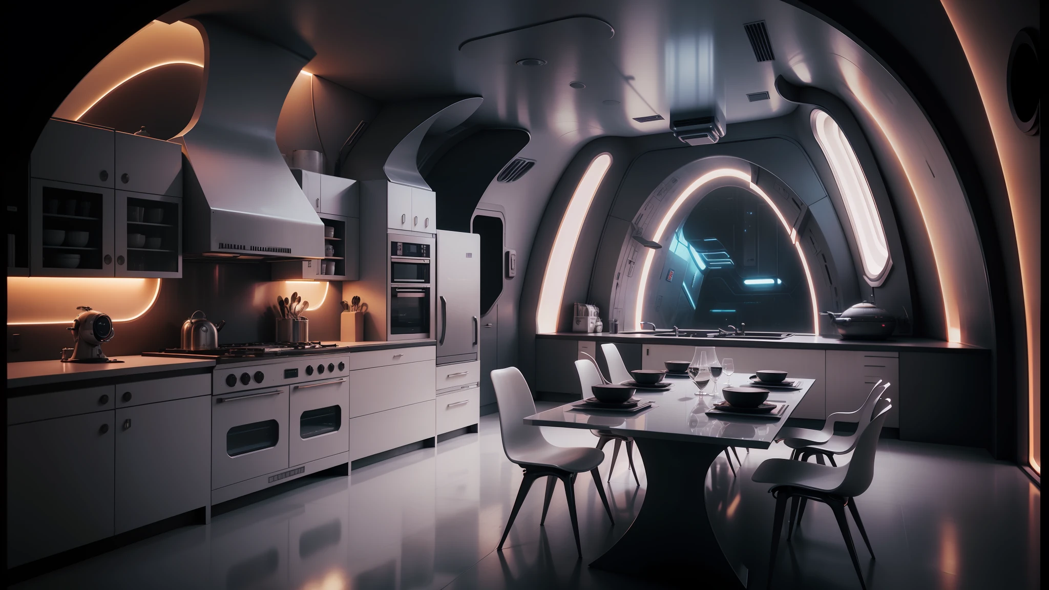 arafed kitchen with a table and chairs and a large window, retro futuristic apartment, futuristic interior, futuristic decor, brutalist futuristic interior, surreal sci fi architecture, sci - fi interior, futuristic room, surreal sci fi set design, gothic and futuristic, inside a brutalist space ship, futuristic room background, futuristic house, corona renderer, futuristic palace --auto --s2