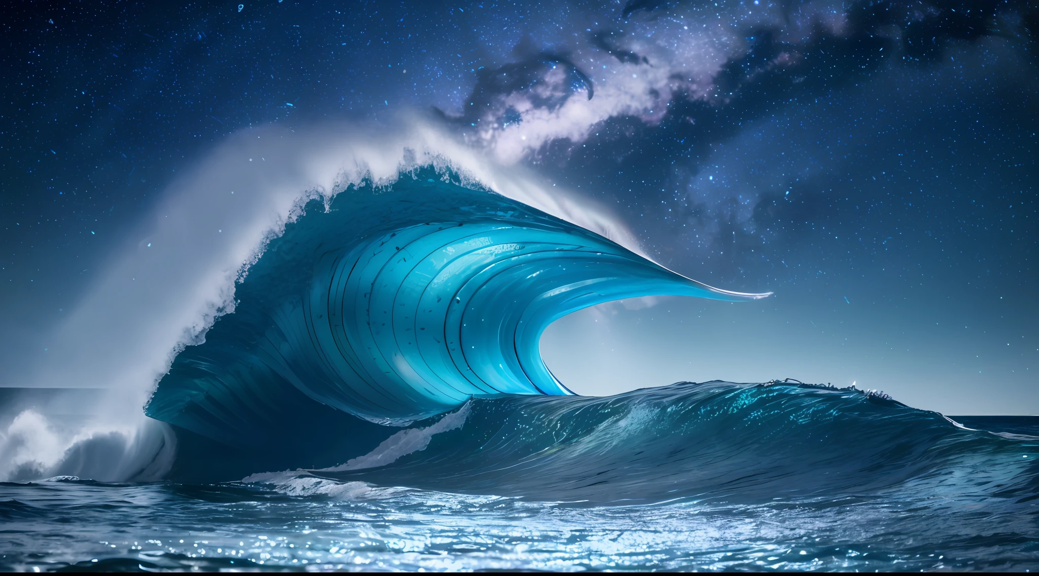 Smooth undulating waves on earth (blue sea), beautiful crystal clear water, night, giant fish jumping from waves, iridescent plankton blotches in the water, glittering shiny splashes, dark purple sky dotted with stars in the background, unknown constellations in the sky, (multiple moons of random colors: 1.2), sparkling horizon, masterpiece, top quality, detailed 4k wallpapers, award-winning art, bokeh, depth of field, HDR, bloom, chromatic aberration, highly detailed, trending in art station, trending in CGsociety, dramatic, beach with blue sea and waves, bright blue glowing water, glowing water with caustics, blue bioluminescence, glowing blue, glowing water, blue fire river, glowing blue veins, blue glow, blue bioluminescent plastic, bioluminescent waterfall