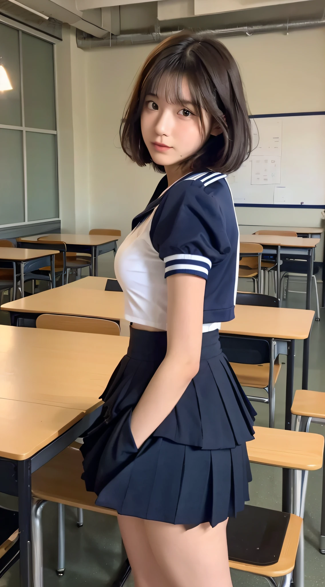 (Top Quality, 8K, Masterpiece: 1.3)), Focus: 1.2, Perfect Body Beauty: 1.8, Ass: 1.2, ((Layered Haircut, Breasts: 1.5)), Japan High School, Sailor Suit Worn by Japan High School Students, (School, Classroom), Highly Detailed Face and Skin Texture, Big Eyes, Tanuki Face, Double Eyelids, Whitened Skin, Chute Cut, Mini Skirt, HKT48, Melon Juice