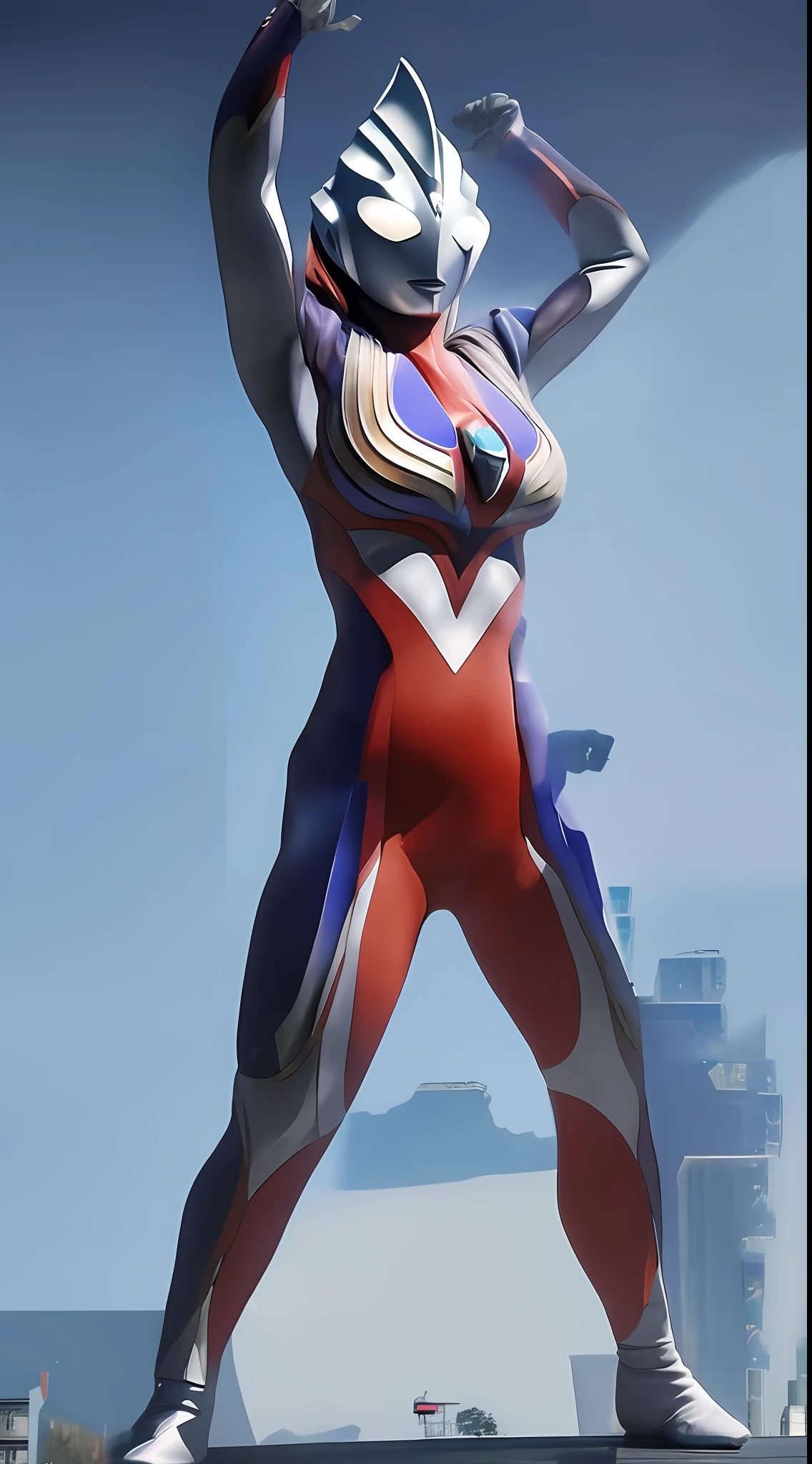 ultraman, A full body shot, ultra wide angle, in focus, photo, dynamic pose of a stunning beautiful Lisa Ann, long legs, athletic body, muscle body, detailed face, detailed body, detailed muscles, detailed skin, abs, hdr, 8k, best quality, detailed, hyper details, cinematic, insane details, intricate details, hyperdetailed,