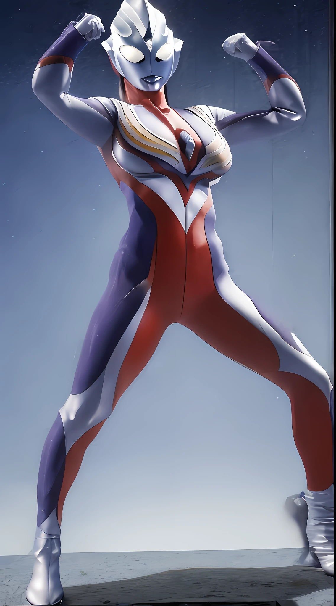 ultraman, A full body shot, ultra wide angle, in focus, photo, dynamic pose of a stunning beautiful Lisa Ann, long legs, athletic body, muscle body, detailed face, detailed body, detailed muscles, detailed skin, abs, hdr, 8k, best quality, detailed, hyper details, cinematic, insane details, intricate details, hyperdetailed,