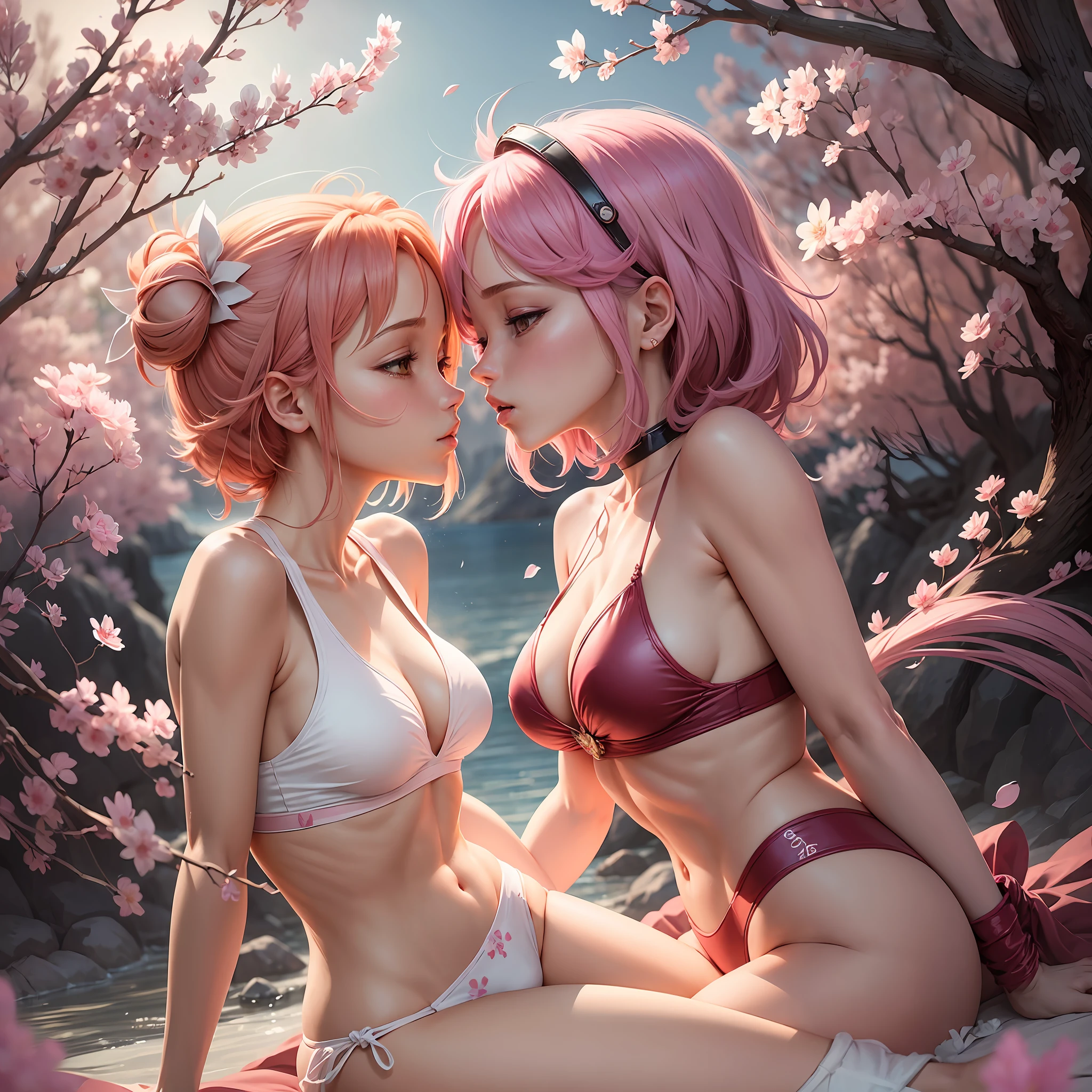 "multi-scale masterpiece, best quality, anime manga style, Sakura Card Captor and Sakura Haruno kissing passionately in yuri scene wearing thin bikini, surrounded by beautiful scenery, with delicate details and dynamic poses." --auto --s2