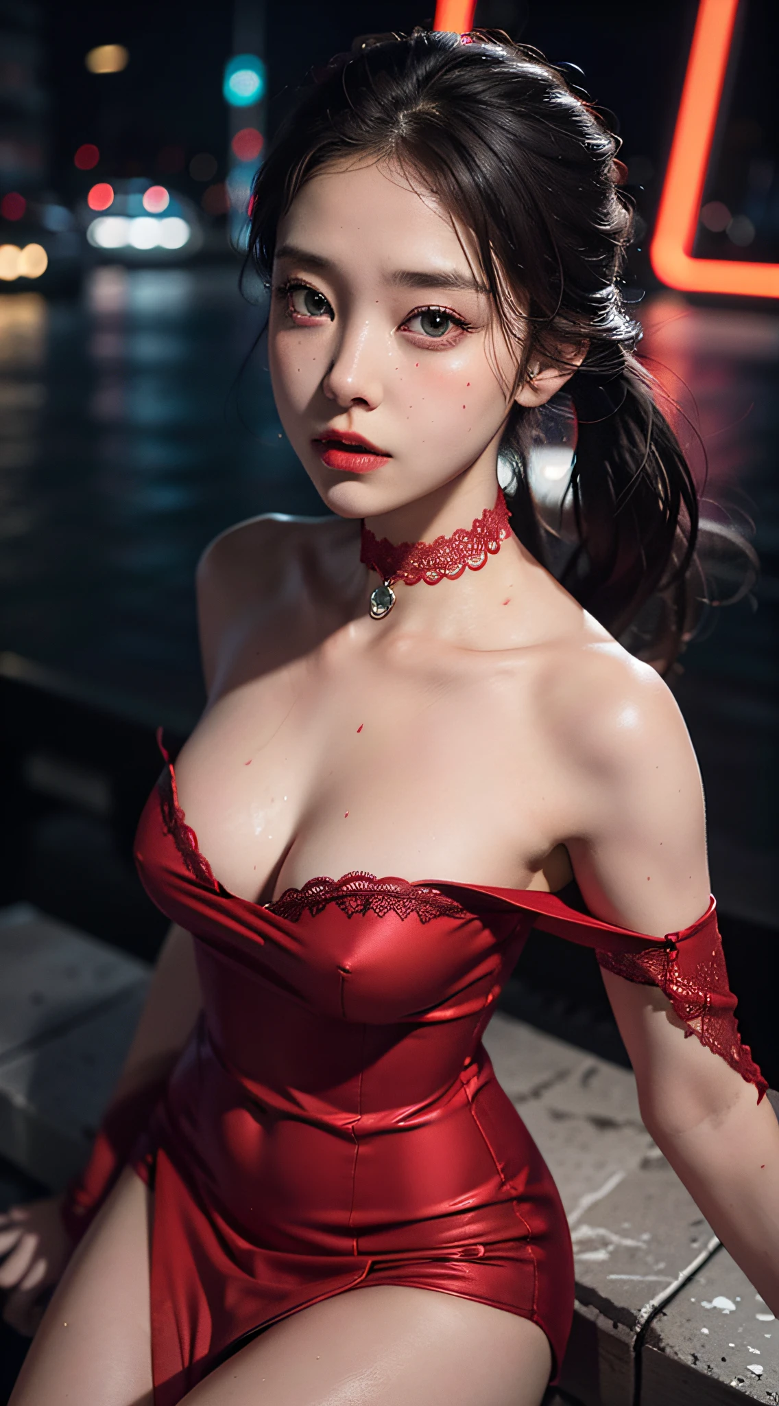 Close-up, (neon, night view, Dutch angle, from above, strapless: 1.3), masterpiece, top quality, raw photo, photorealistic, off-shoulder, red lace dress, red choker, reddish-purple eyes, up, upper body, cleavage, face light, shiny skin, film grain, chromatic aberration, absurdity, high resolution, ultra detail, detail, detailed eyes and face, sharp pupils, realistic pupils, sharp focus, sexy-inviting poses, crotch open, sweating, wet skin, shy, red cheeks, embarrassed