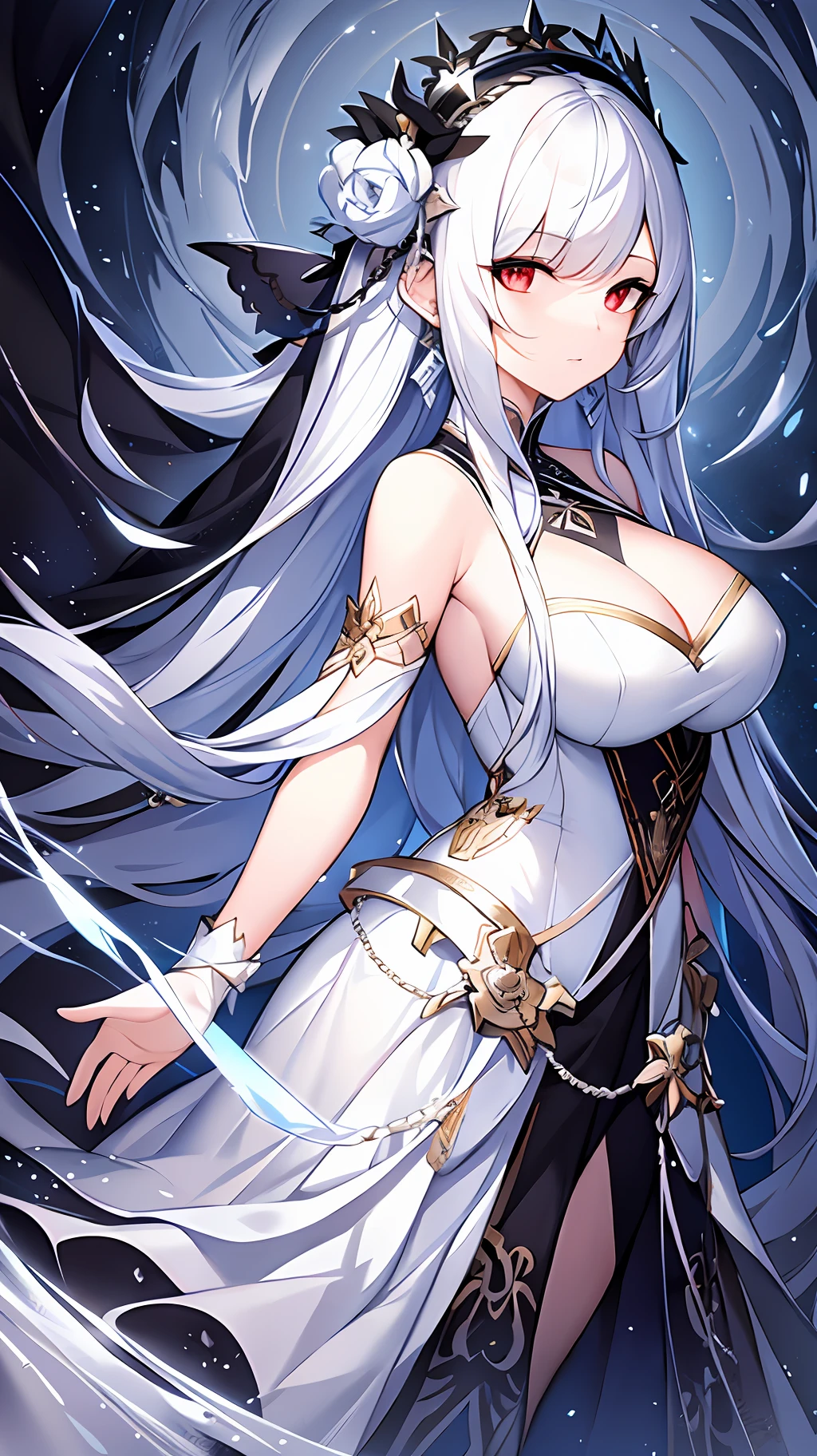 painting of a woman in a white dress with a black background, an ultrafine detailed painting by Yang J, pixiv, fantasy art, white haired deity, anime fantasy illustration, a beautiful artwork illustration, digital art on pixiv, anime fantasy artwork, trending on artstation pixiv, detailed anime art, detailed anime artwork, a painting of white silver
