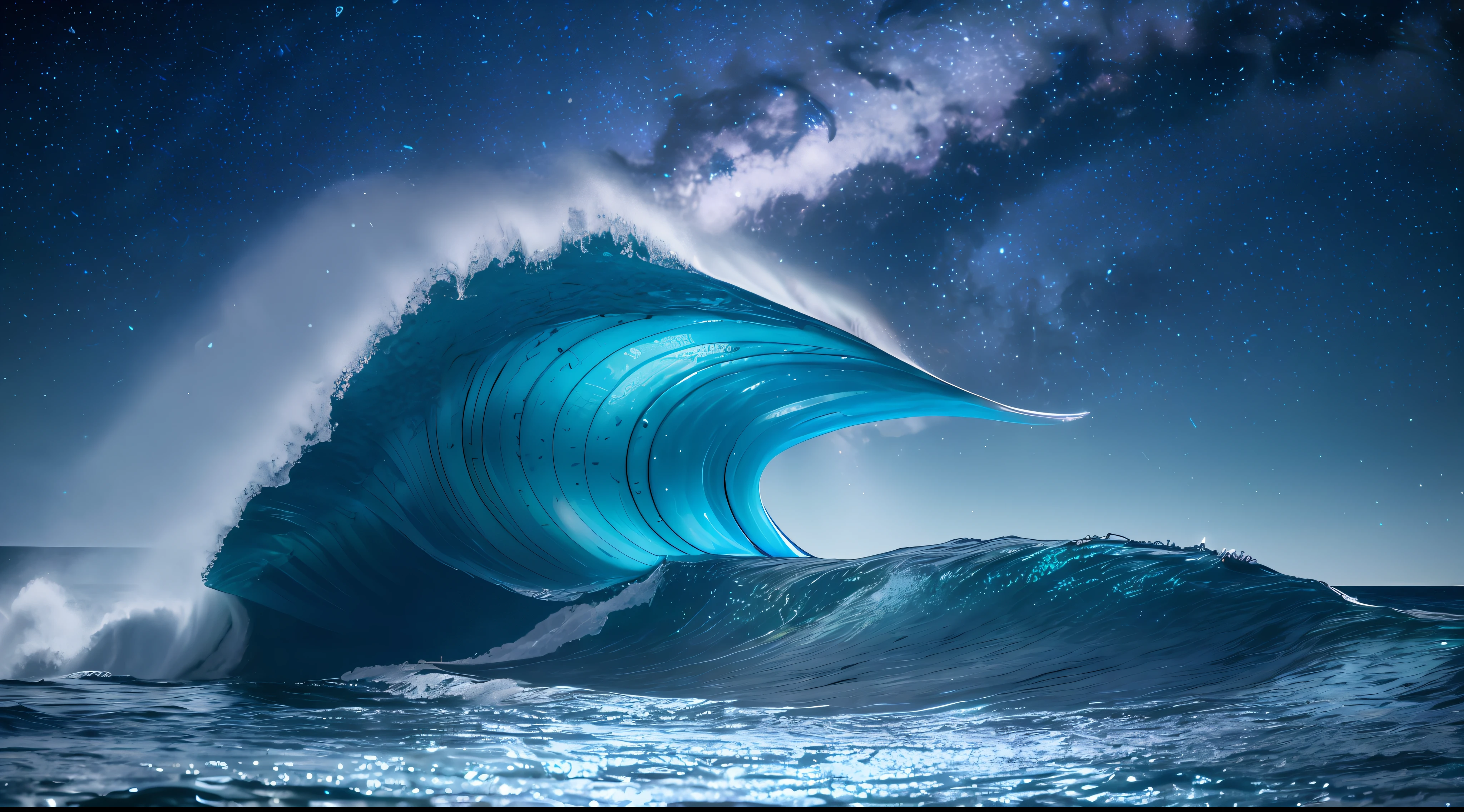 Smooth undulating waves on earth (blue sea), beautiful crystal clear water, night, giant fish jumping from waves, iridescent plankton blotches in the water, glittering shiny splashes, dark purple sky dotted with stars in the background, unknown constellations in the sky, (multiple moons of random colors: 1.2), sparkling horizon, masterpiece, top quality, detailed 4k wallpapers, award-winning art, bokeh, depth of field, HDR, bloom, chromatic aberration, highly detailed, trending in art station, trending in CGsociety, dramatic, beach with blue sea and waves, bright blue glowing water, glowing water with caustics, blue bioluminescence, glowing blue, glowing water, blue fire river, glowing blue veins, blue glow, blue bioluminescent plastic, bioluminescent waterfall